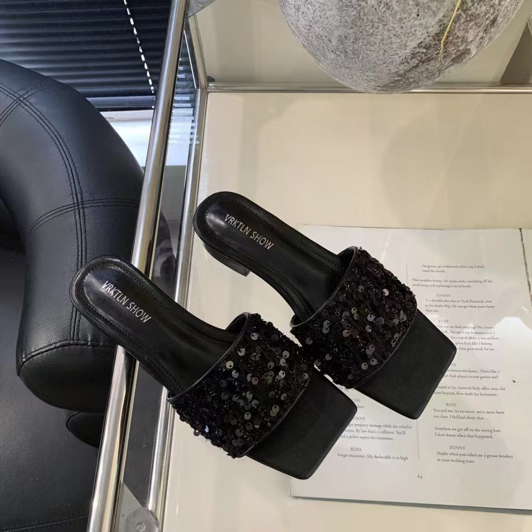 【DG168-1】🔅精选预购款🔅 高级感法式仙女小众低跟方头BLINK亮片小凉拖 ❤️