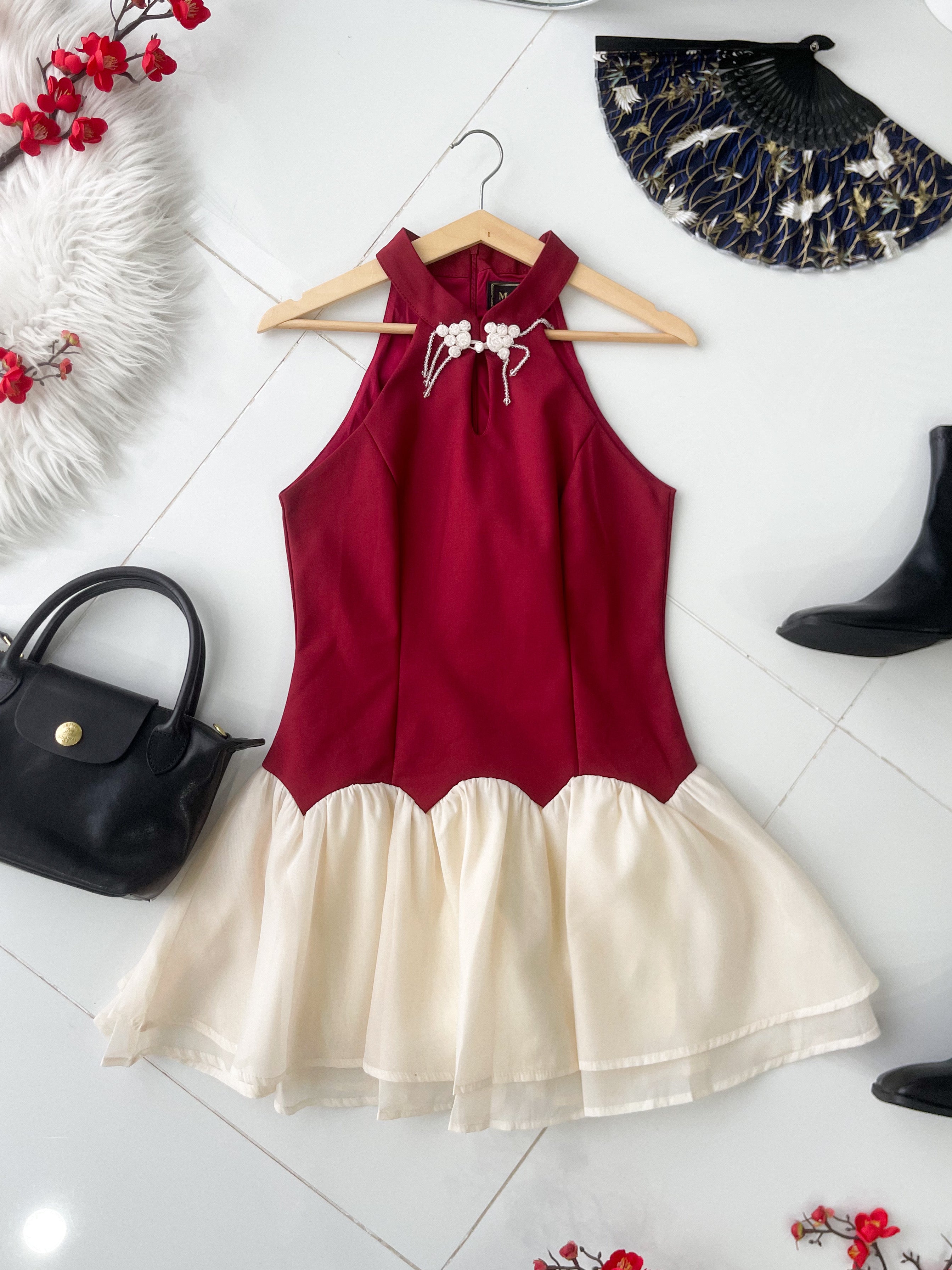 【D77139】高品质精致水晶流苏盘扣设计西装拼接雪纺缝缝旗袍连身裙子，内层有里布短裤 ❤❤【B-R3-C3】