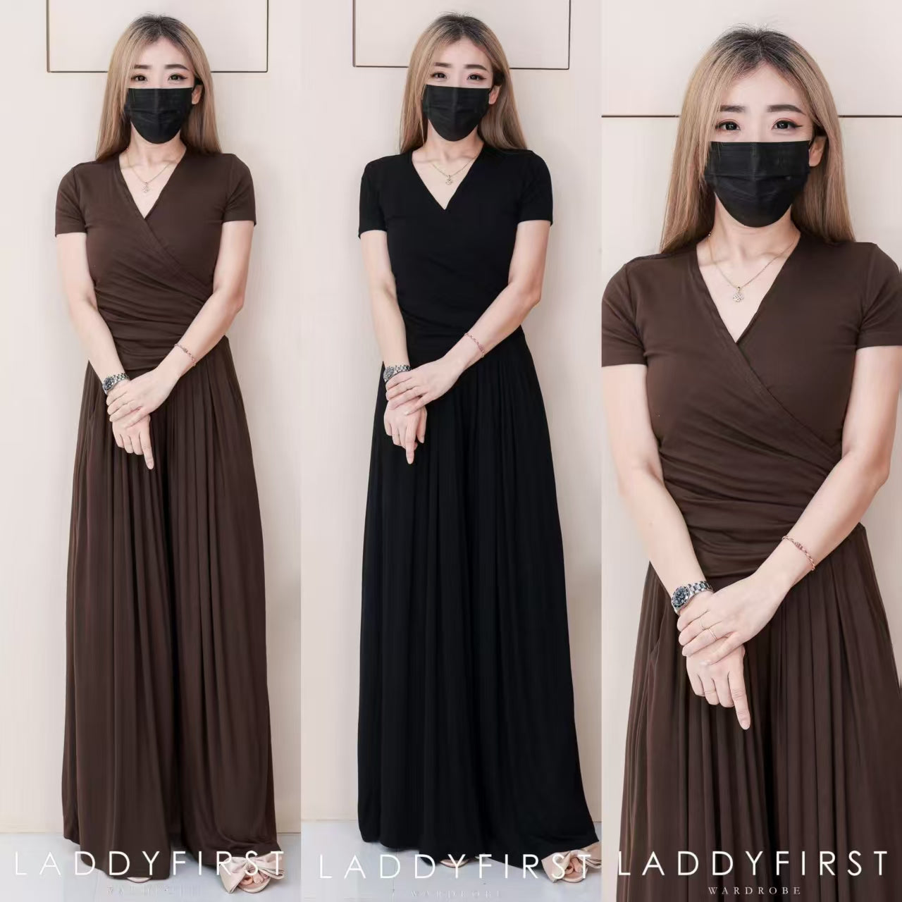 【SS7731】高品质韩系高级感时尚套装 #纯棉弹力 V领短袖不规则百搭上衣➕阔脚高腰百搭长裤，有口袋 ❤️❤️