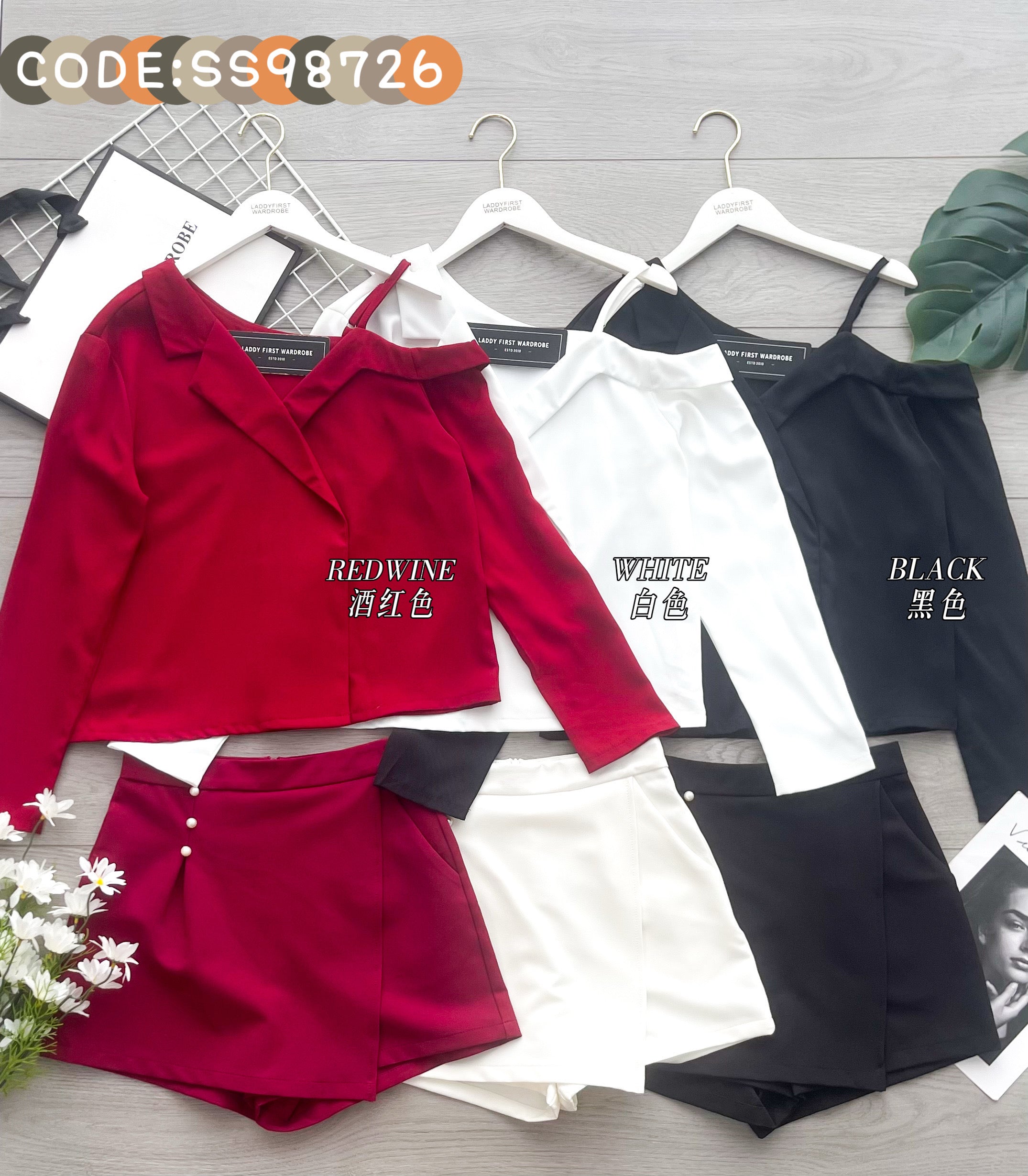 【SS98736】高品质两件式时尚韩版西装套装 单边露肩宽松长袖上衣➕前裙后裤西装高腰百搭裤裙，有口袋 ❤️❤️