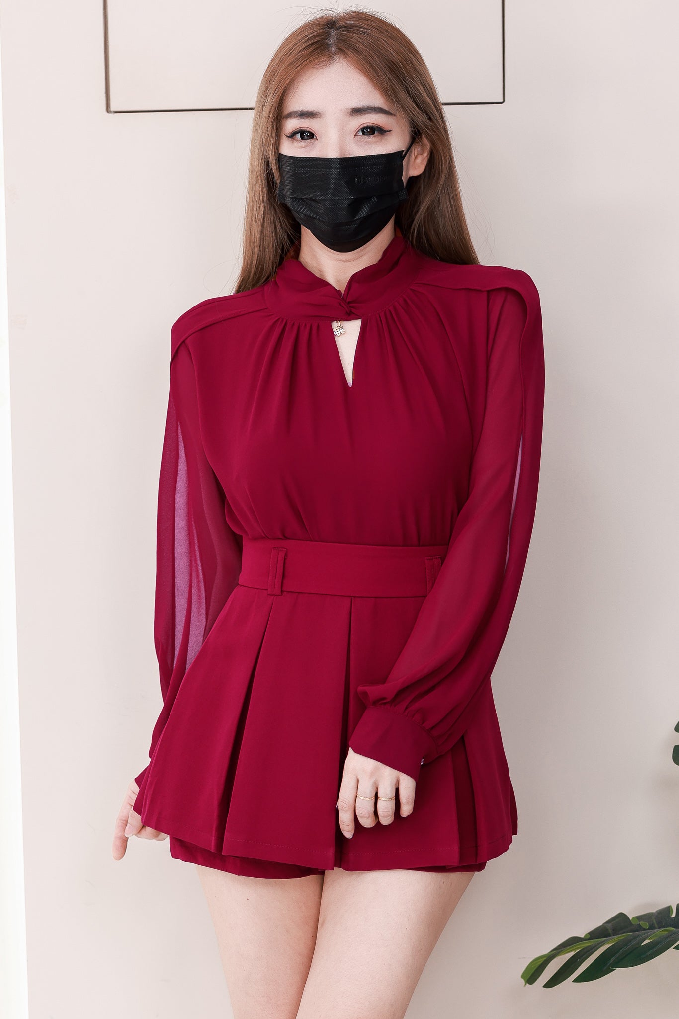 【SS81155】高品质两件式女神气质款时尚套装 雪纺长袖上衣➕双层西装百褶 高腰裤裙 ❤️❤️ 【A-R1-C4】