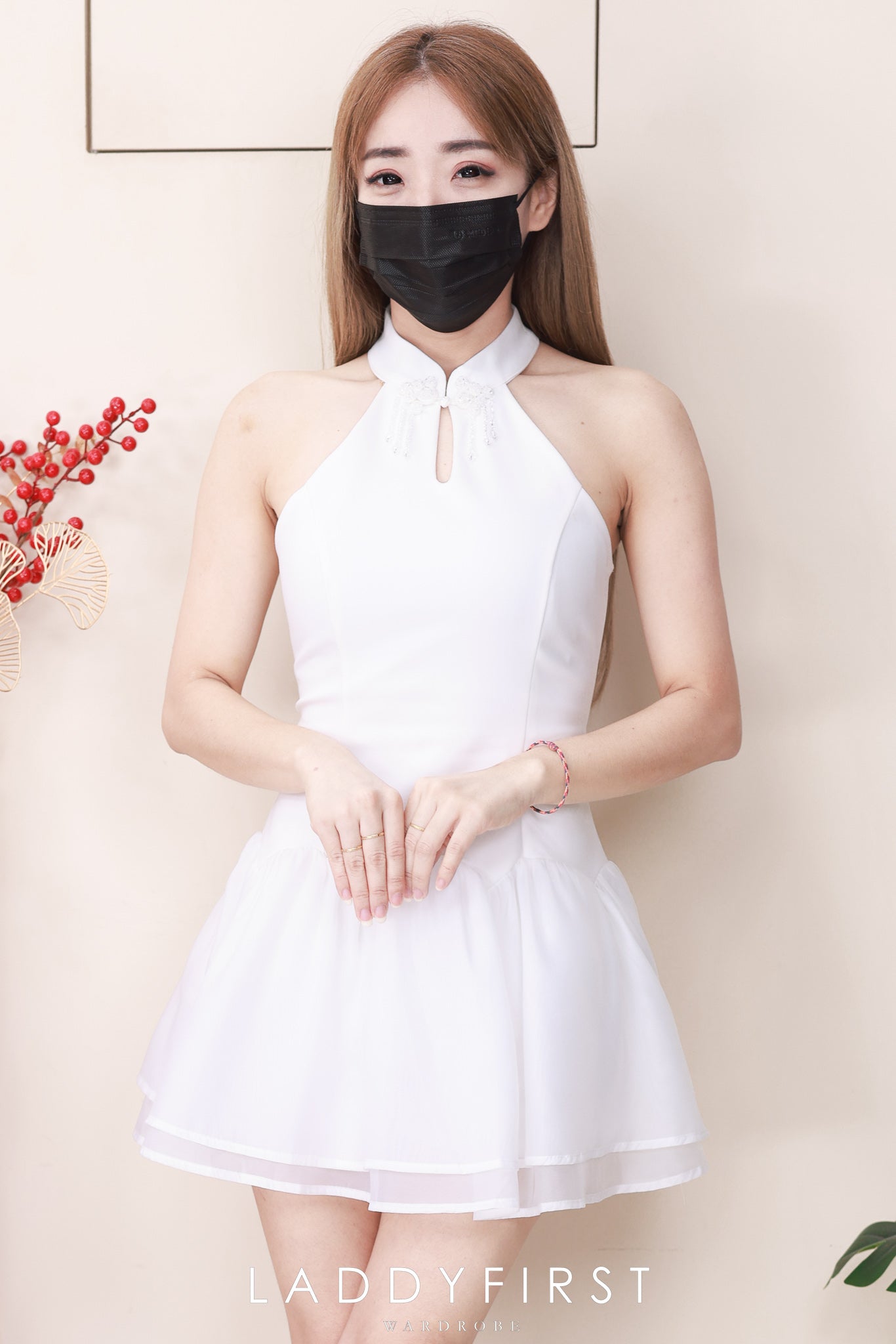 【D77139】高品质精致水晶流苏盘扣设计西装拼接雪纺缝缝旗袍连身裙子，内层有里布短裤 ❤❤【B-R3-C3】