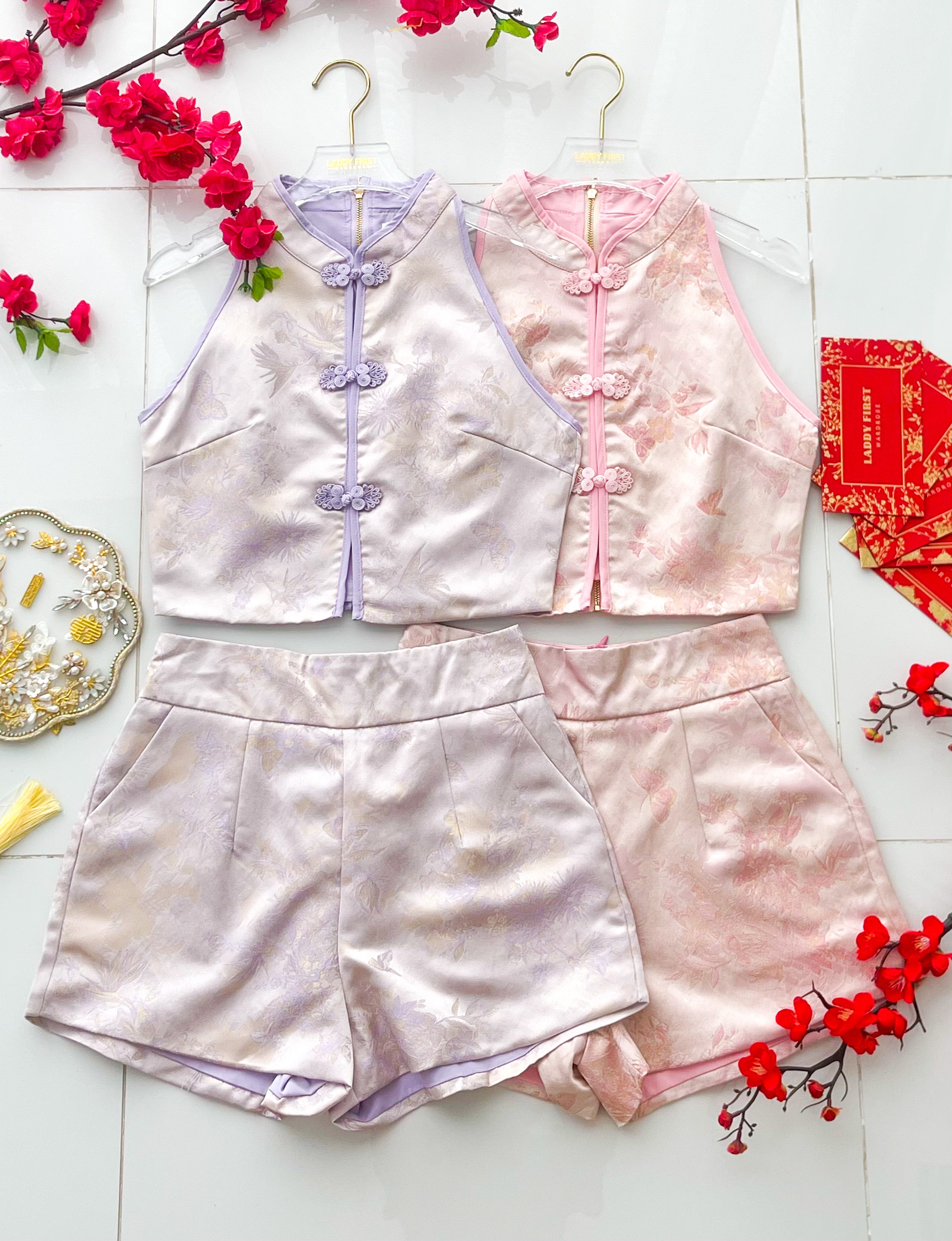 【SS21820 / 37606】高品质两件式气质新中式国风提花旗袍套装 中国结CUT IN旗袍上衣➕提花高腰短裤，有口袋 ❤️❤️