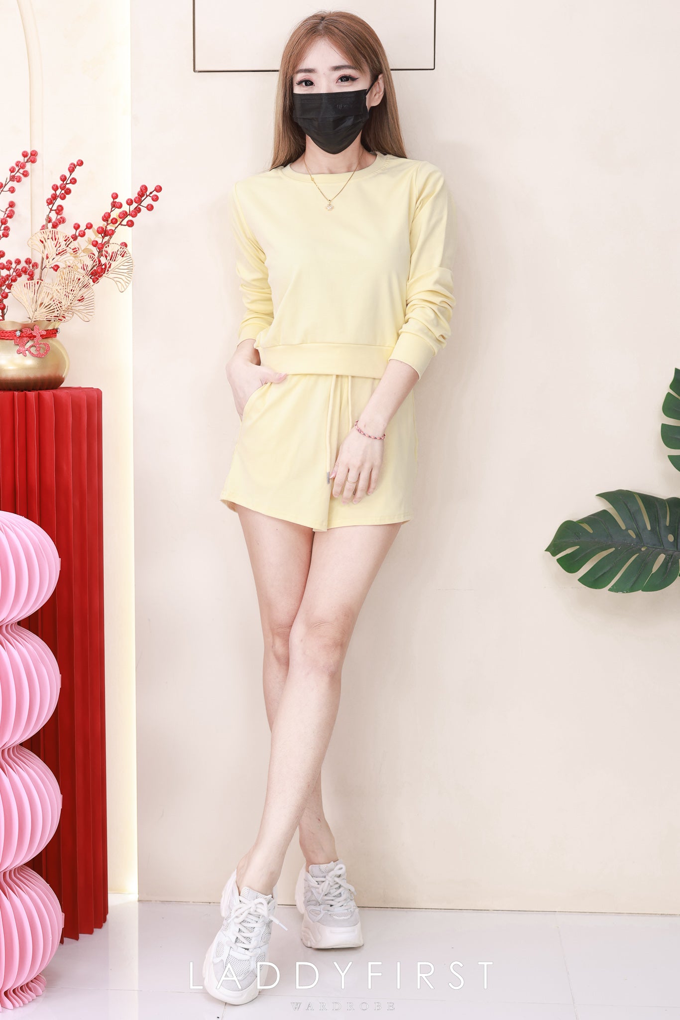 【SS823740】高品质两件式纯棉简约休闲百搭套装 宽松版休闲百搭长袖上衣➕松紧腰弹力休闲短裤，有口袋 ❤️❤️【B-R1-C4】