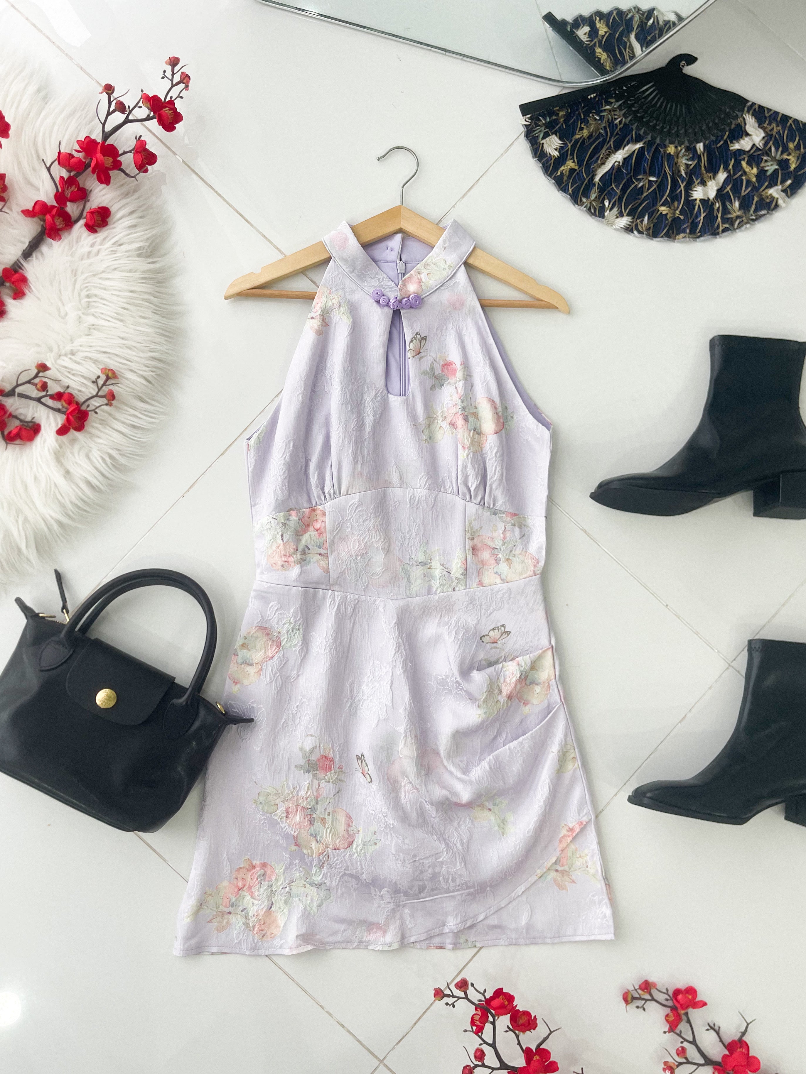 【D8239201】高品质收腰显腰型CUT IN 无袖旗袍提花连身裙子 ❤❤【A-RU】