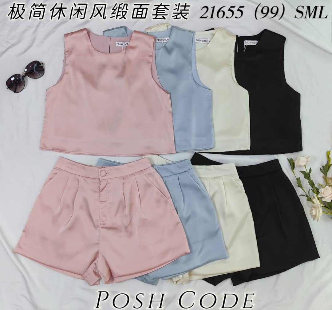 【SS21655 / 37389】高品质两件式极简简约缎面时尚套装 无袖上衣➕高腰百搭短裤，有口袋 ❤️❤️
