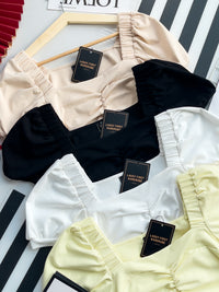 【T3408】独家爆款方领宫廷袖皱褶修身设计纯棉弹力百搭上衣 ❤❤ 【A-R1-C5】