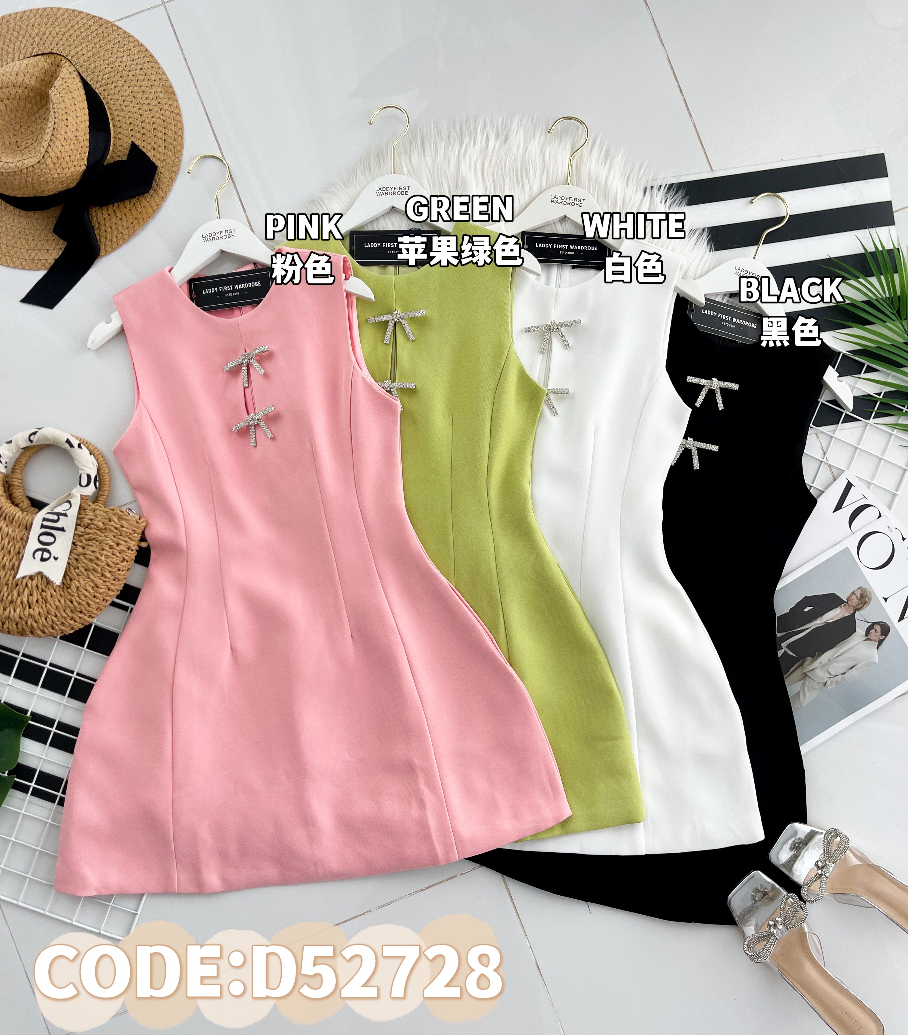 【D52728】高品质甜美温柔风简约西装无袖连身裙子，搭配蝴蝶结水钻针扣点缀，有口袋 ❤️❤️