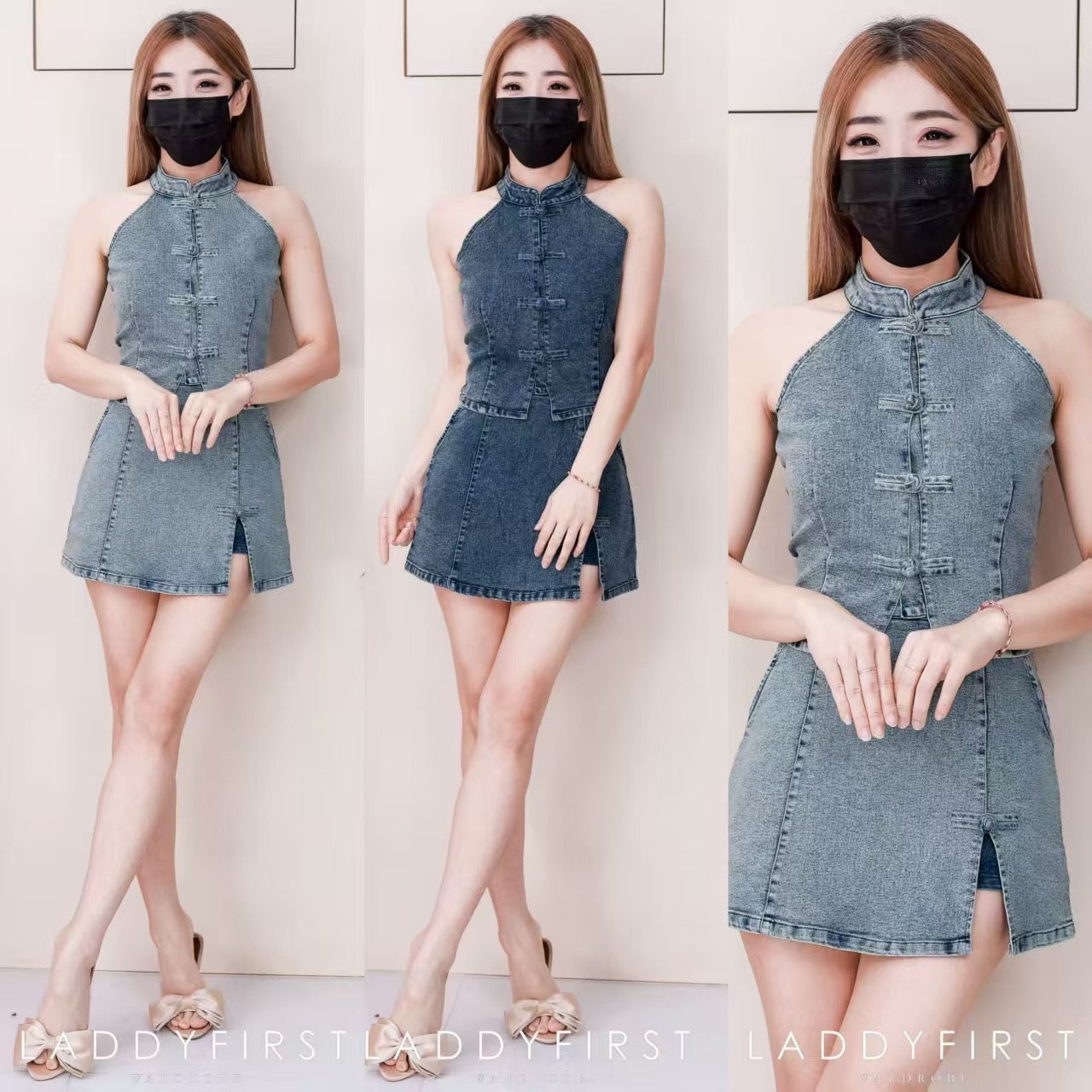 【SS2637】高品质两件式雪花牛仔弹力旗袍套装 CUT IN 无袖旗袍上衣➕高腰牛仔百搭裤裙，有口袋 ❤️❤️