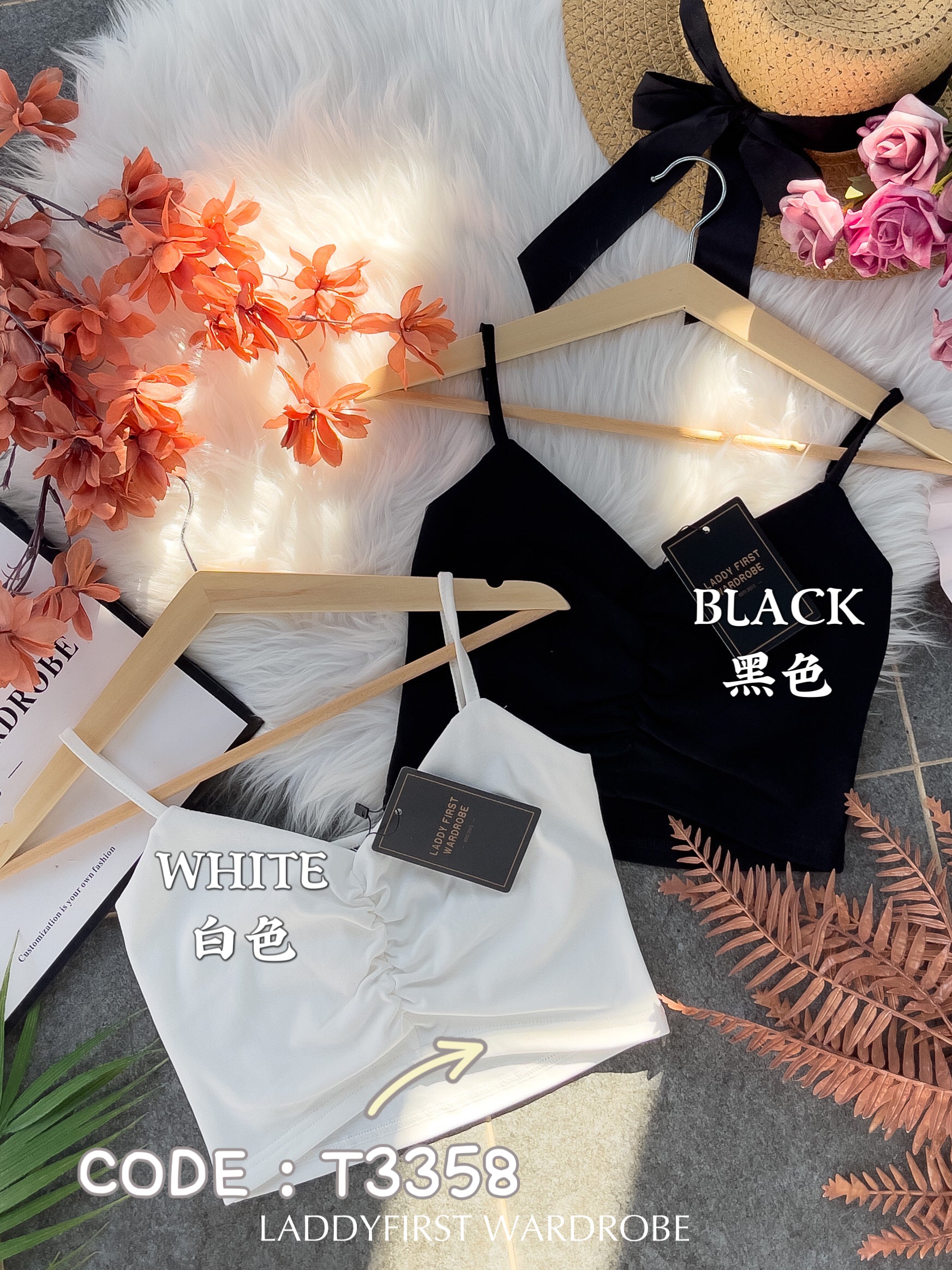 【T3358】V领小皱褶设计细带无袖纯棉弹力内搭上衣 ❤❤【A-R2-C2】