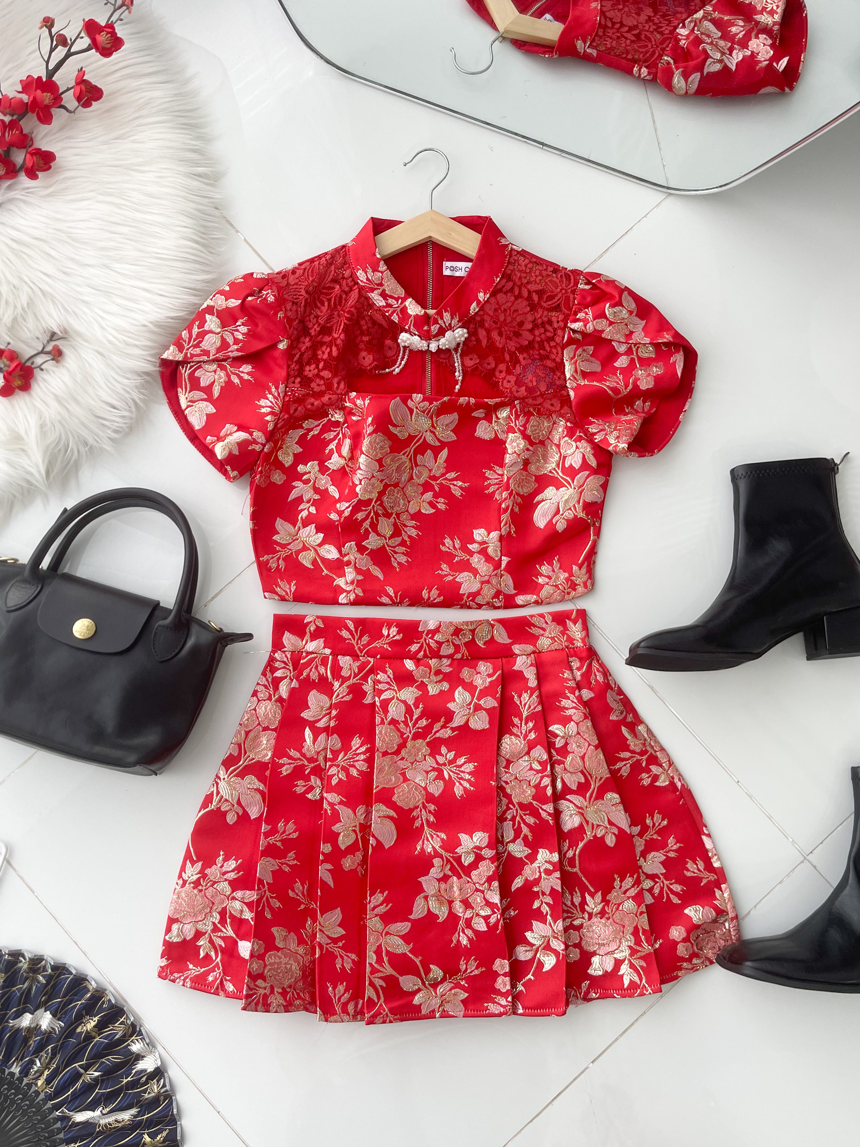 【SS21581 / 37123】高品质两件式新中式提花旗袍套装 泡泡袖提花旗袍上衣➕提花百褶高腰裙子，内层有里布短裤 ❤️❤️