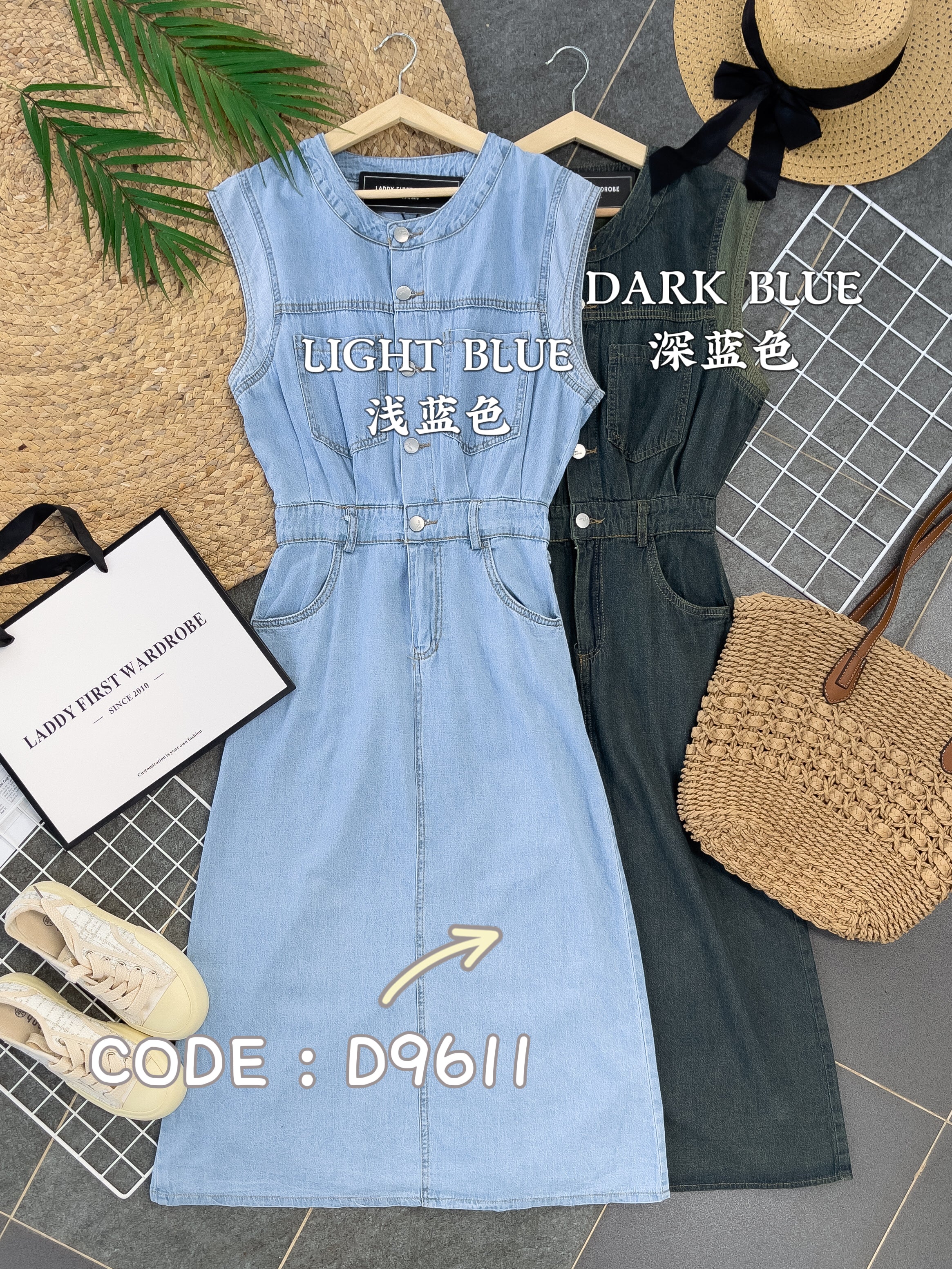 【D9611】休闲时尚无袖牛仔连身裙子，有口袋
