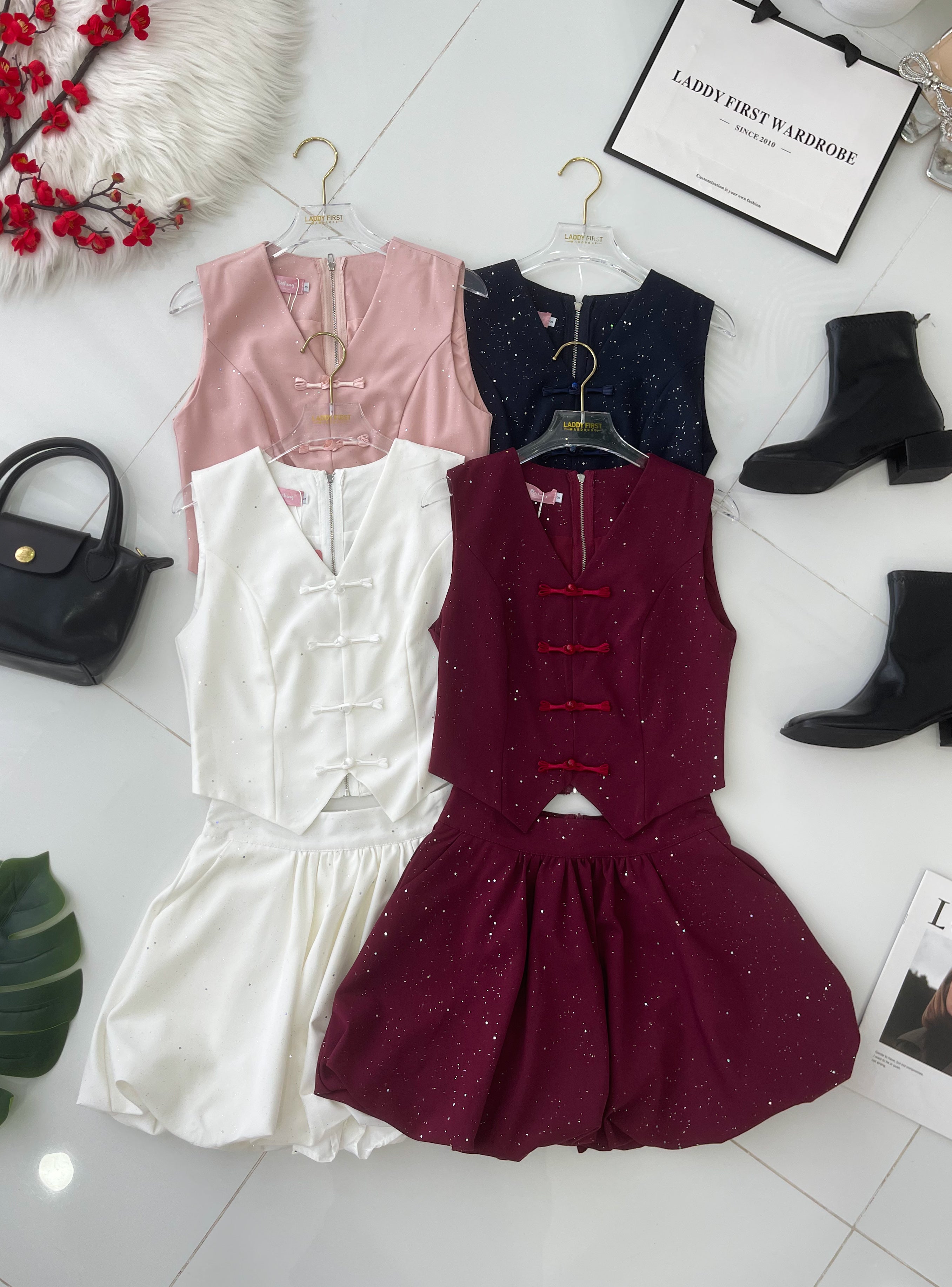 【SS6987】高品质两件式星空细闪新中式花苞旗袍套装 马甲式旗袍上衣➕高腰花苞裙子，内层有里布短裤 ❤️❤️【B-R1-C2】