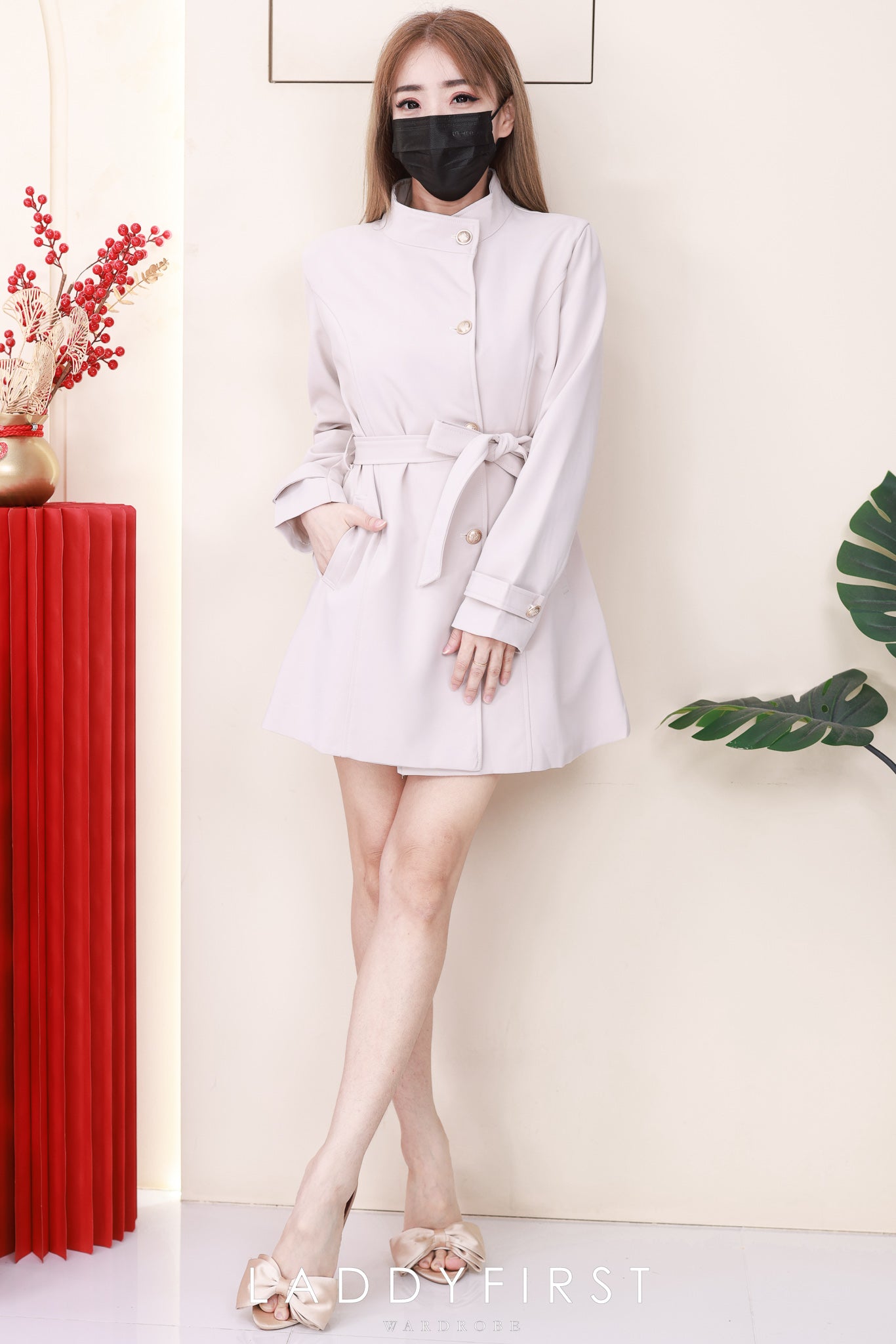 【JK2358】高品质韩式度假风气质立领长袖风衣外套/连身裙子，自辨腰带收腰，有口袋 ❤️❤️