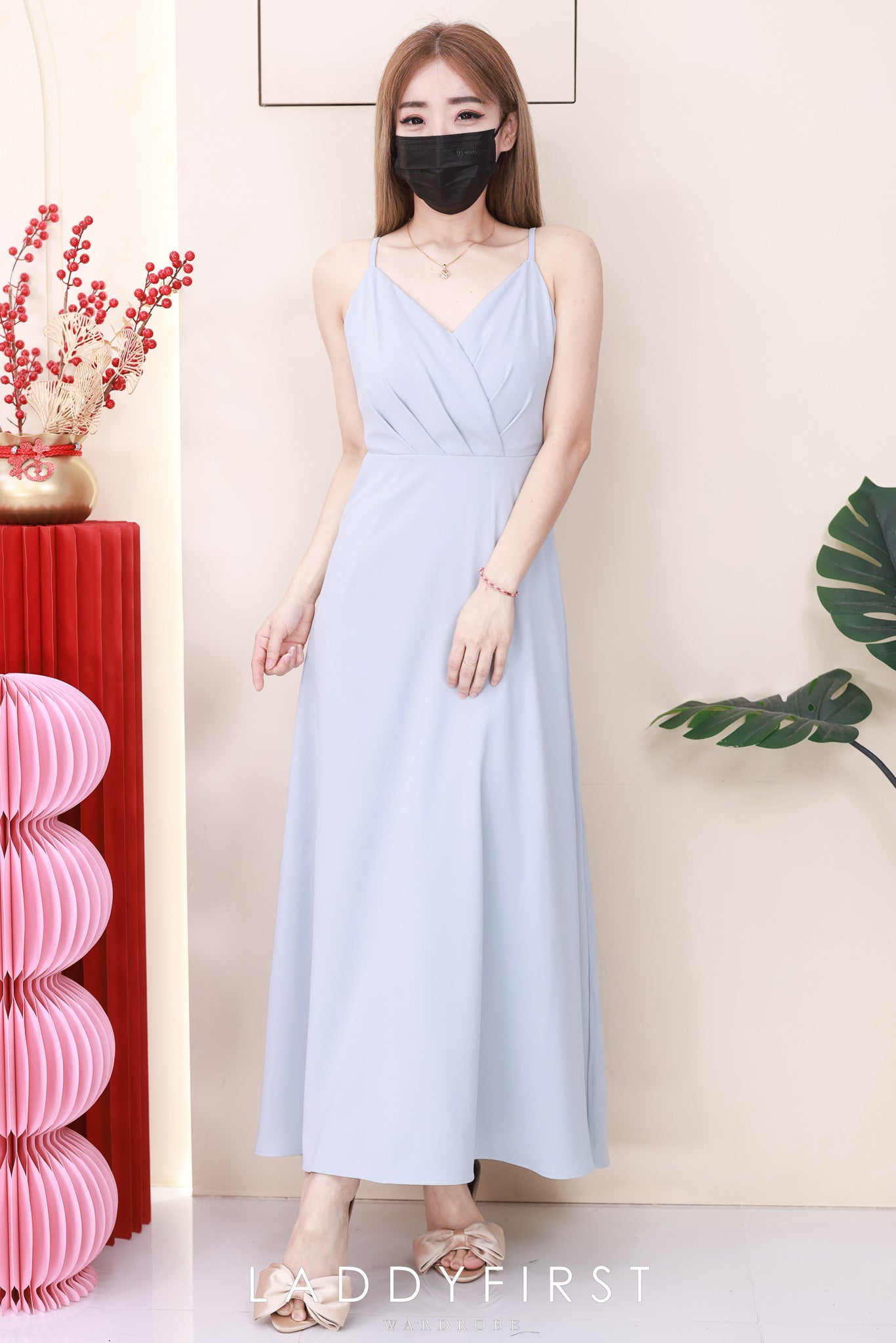 【D6483】高品质V领自调无袖肩带气质浪漫优雅款晚宴连身长裙，有口袋 ❤❤【A-R2-C2】