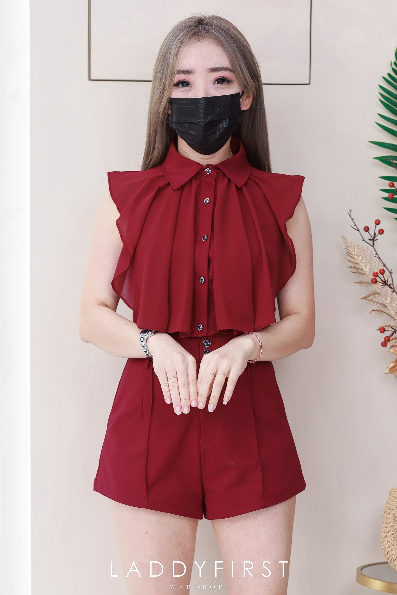 【SS3516】【LFW独家小圆饼】高品质两件式时尚百搭西装套装 翻领西装拼接雪纺上衣➕西装高腰百搭短裤，有口袋 ❤️❤️