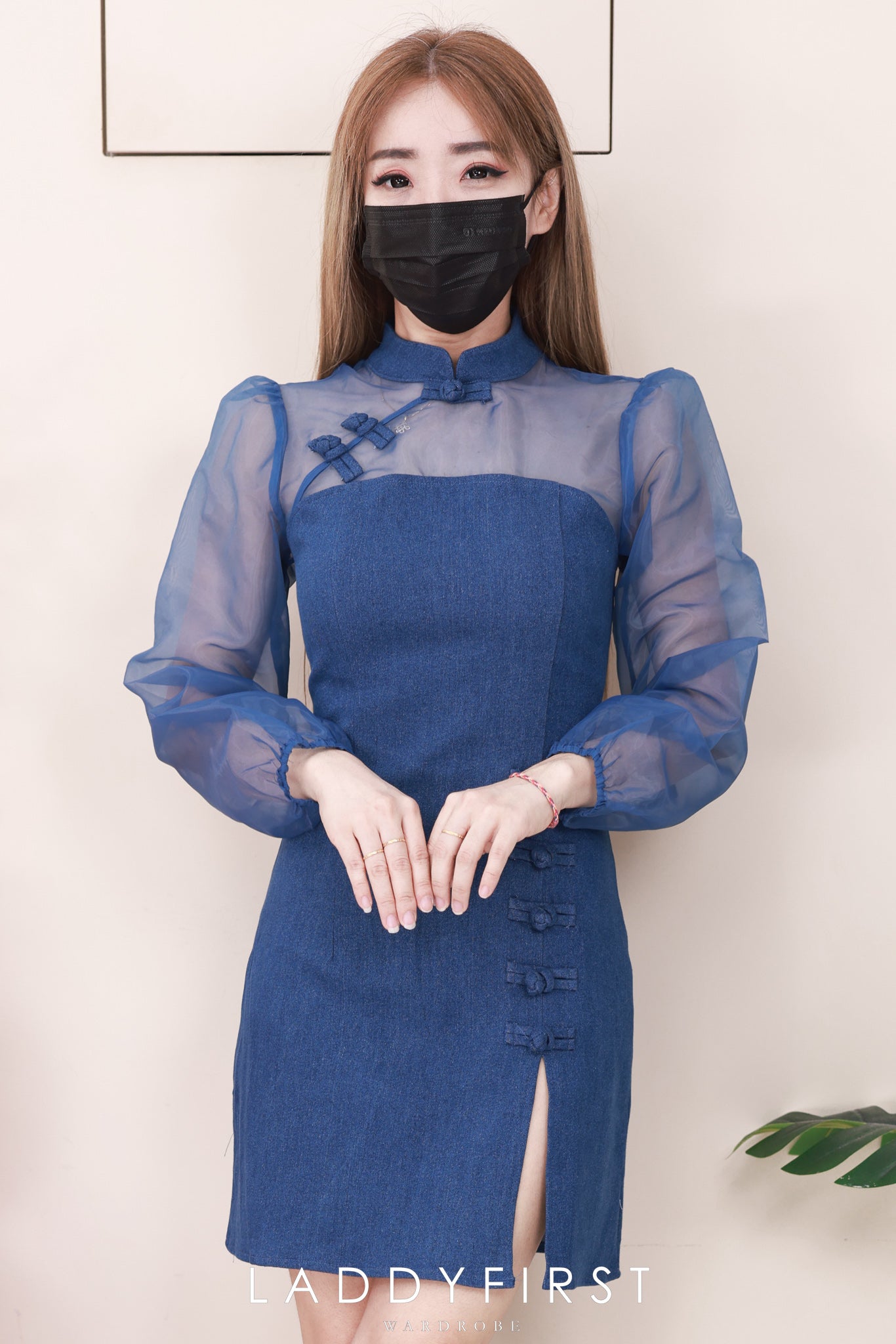 【D2640】高品质优雅气质透视网纱拼接牛仔旗袍连身裙子 ❤❤【B-R2-C4】