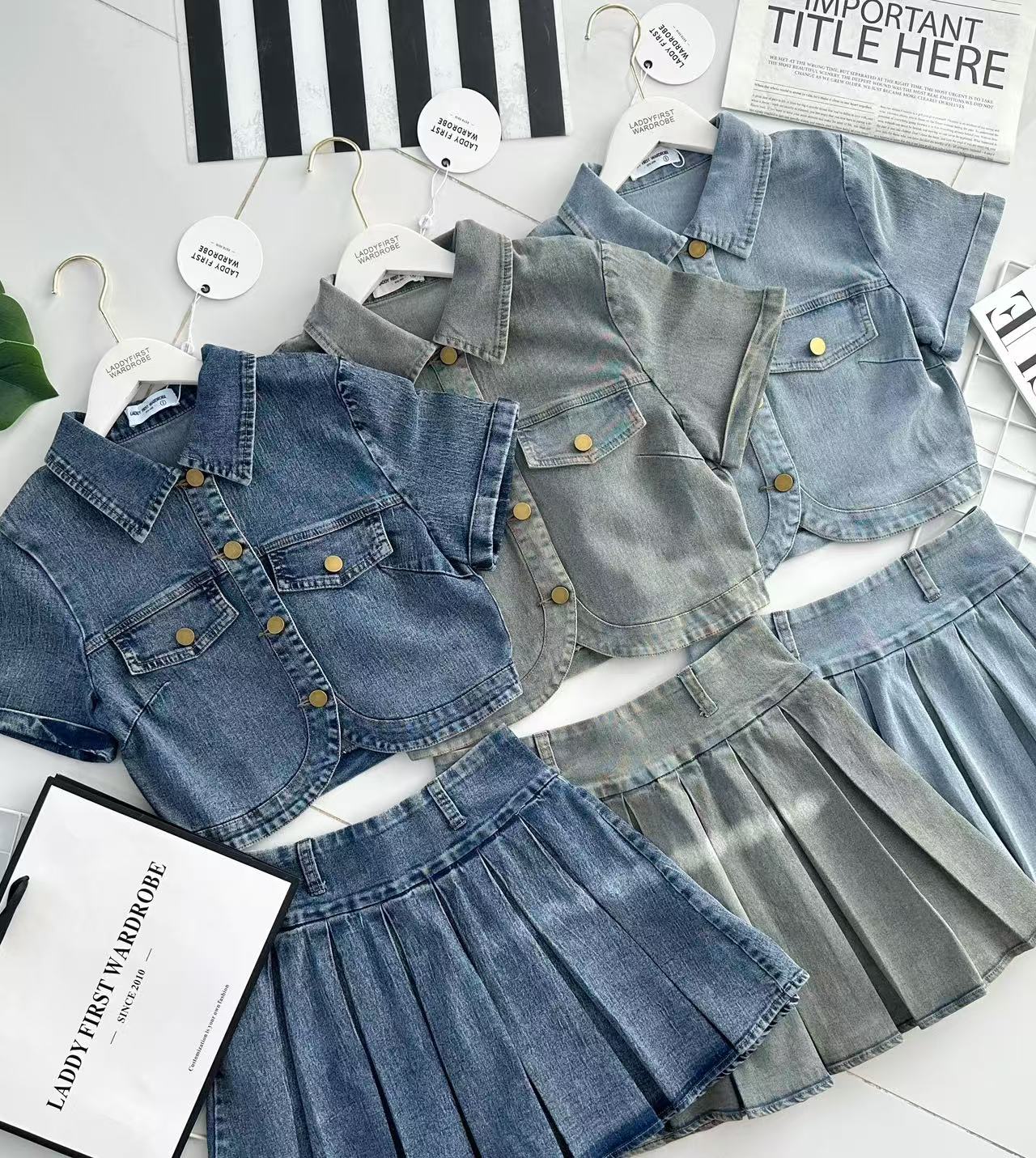 【SS3459】【LFW独家小圆饼】高品质两件式韩式学院风减龄款COTTON JEANS牛仔弹力时尚套装 翻领短袖牛仔上衣/小外套➕减龄牛仔百褶高腰百搭裙子，内层有里布短裤 ❤️❤️