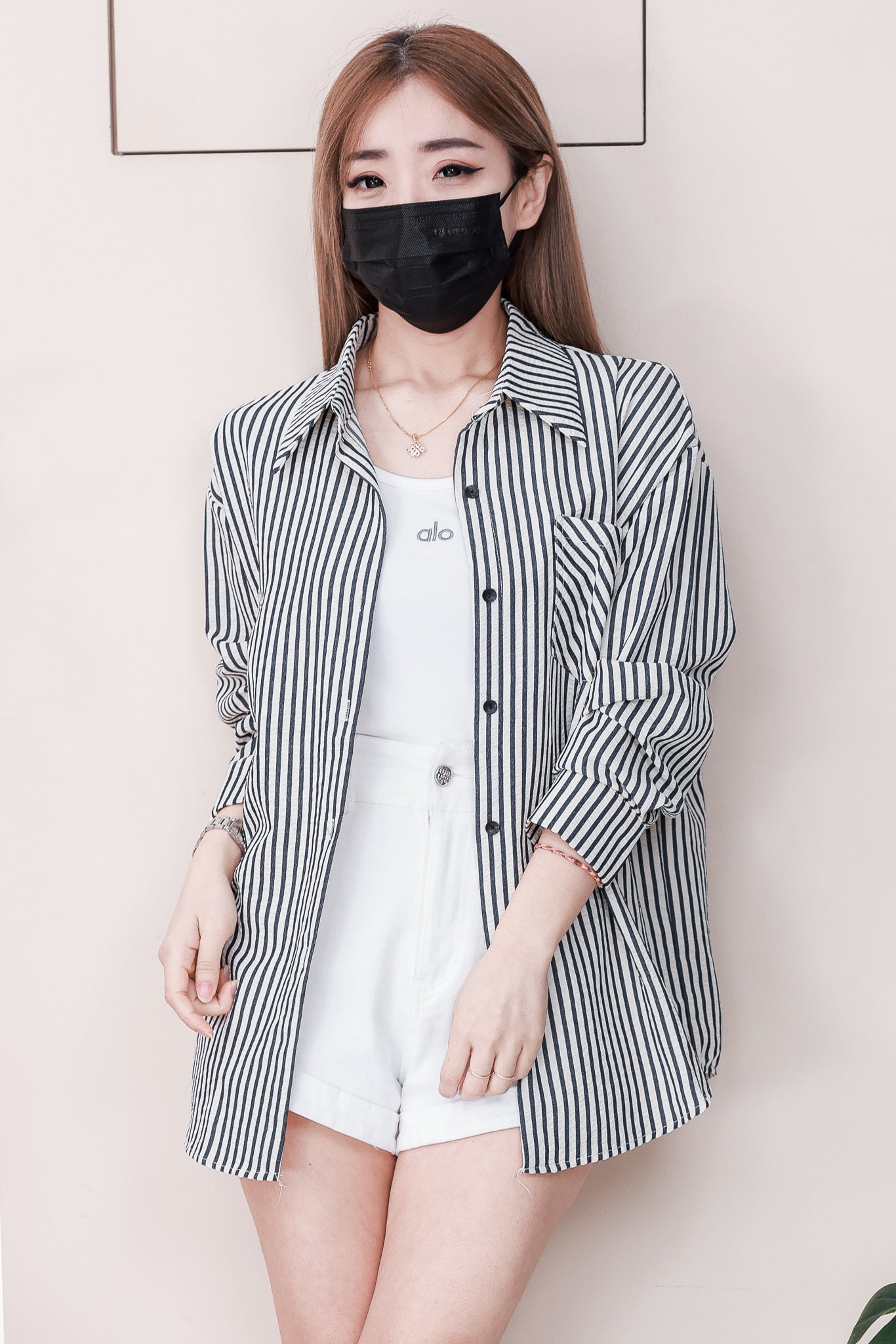 【T2120】高品质两件式韩风简约时尚条纹衬衫长袖上衣➕纯棉弹力无袖内搭上衣 ❤️❤️