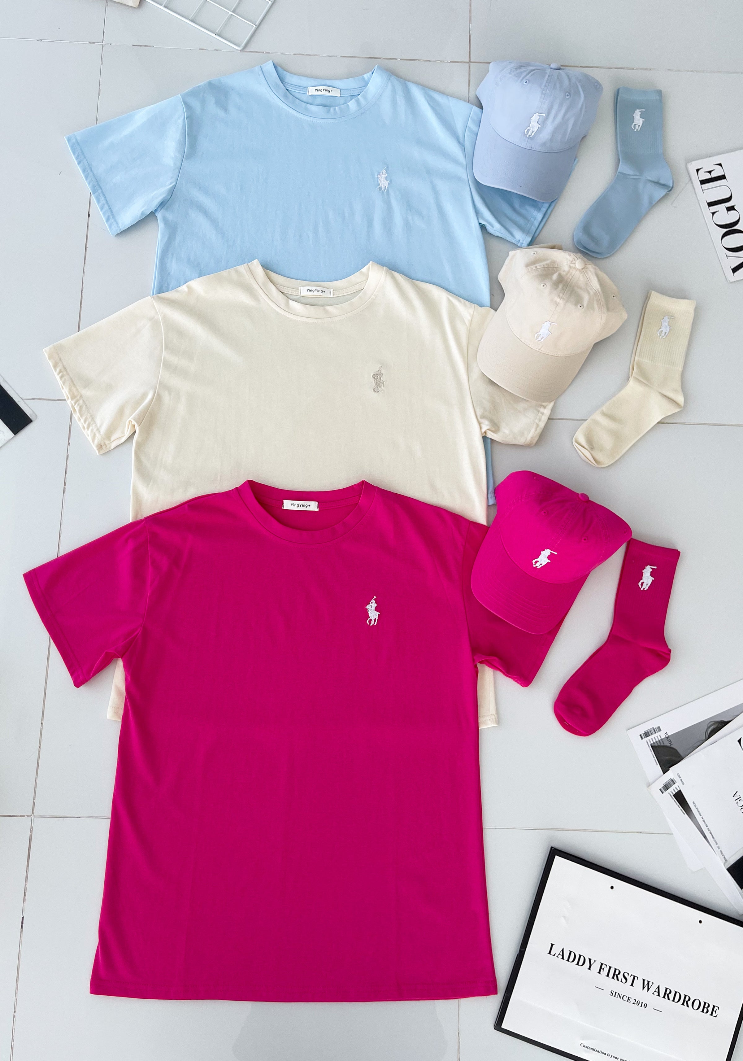【O2088-2】高品质三件套男女同款圆领短袖polo刺绣Oversized 休闲上衣➕帽子➕袜子 ❤❤【A-RU7】