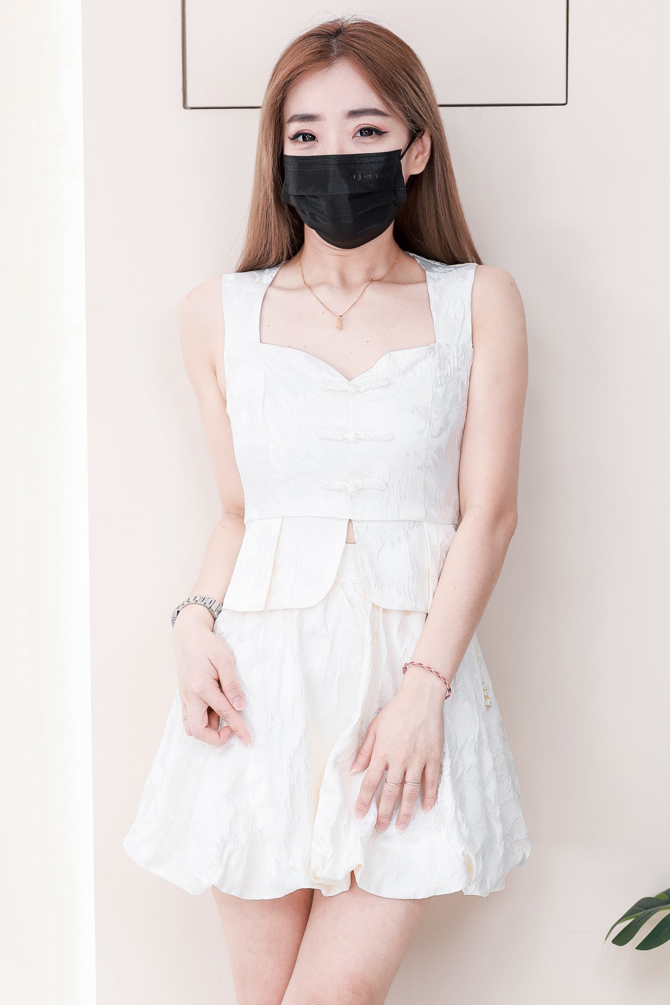 【SS2598】高品质两件式新中式仙气缎面拼接提花旗袍套装 无袖提花旗袍上衣➕提花高腰泡泡裙子，内层有里布短裤 ❤️❤️