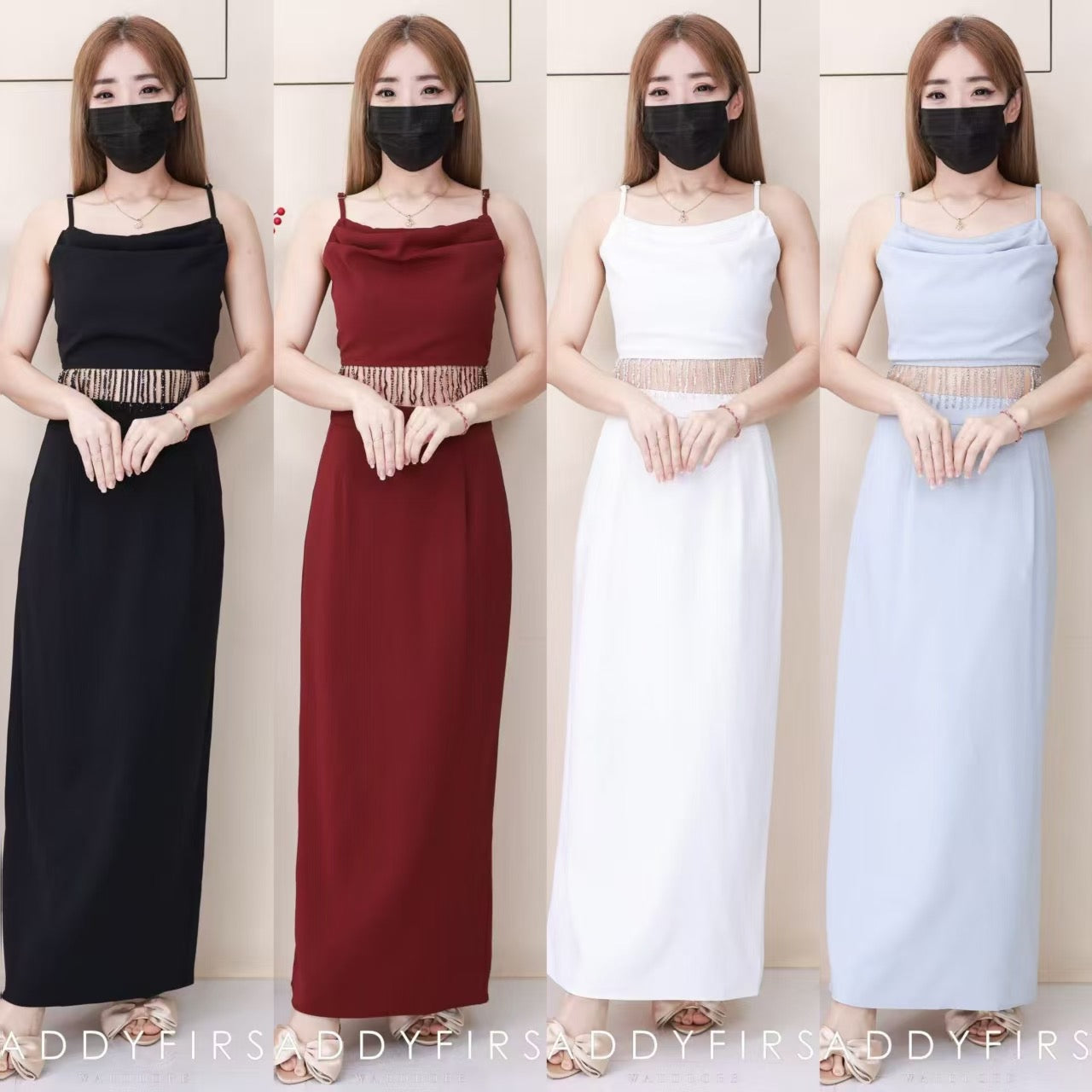 【SS2769-1】⚡补货预订款⚡高品质两件式高端气质鲜艳套装 自调无袖肩带短版上衣➕西装高腰百搭长裙，后中开叉设计，有口袋 ❤️❤️