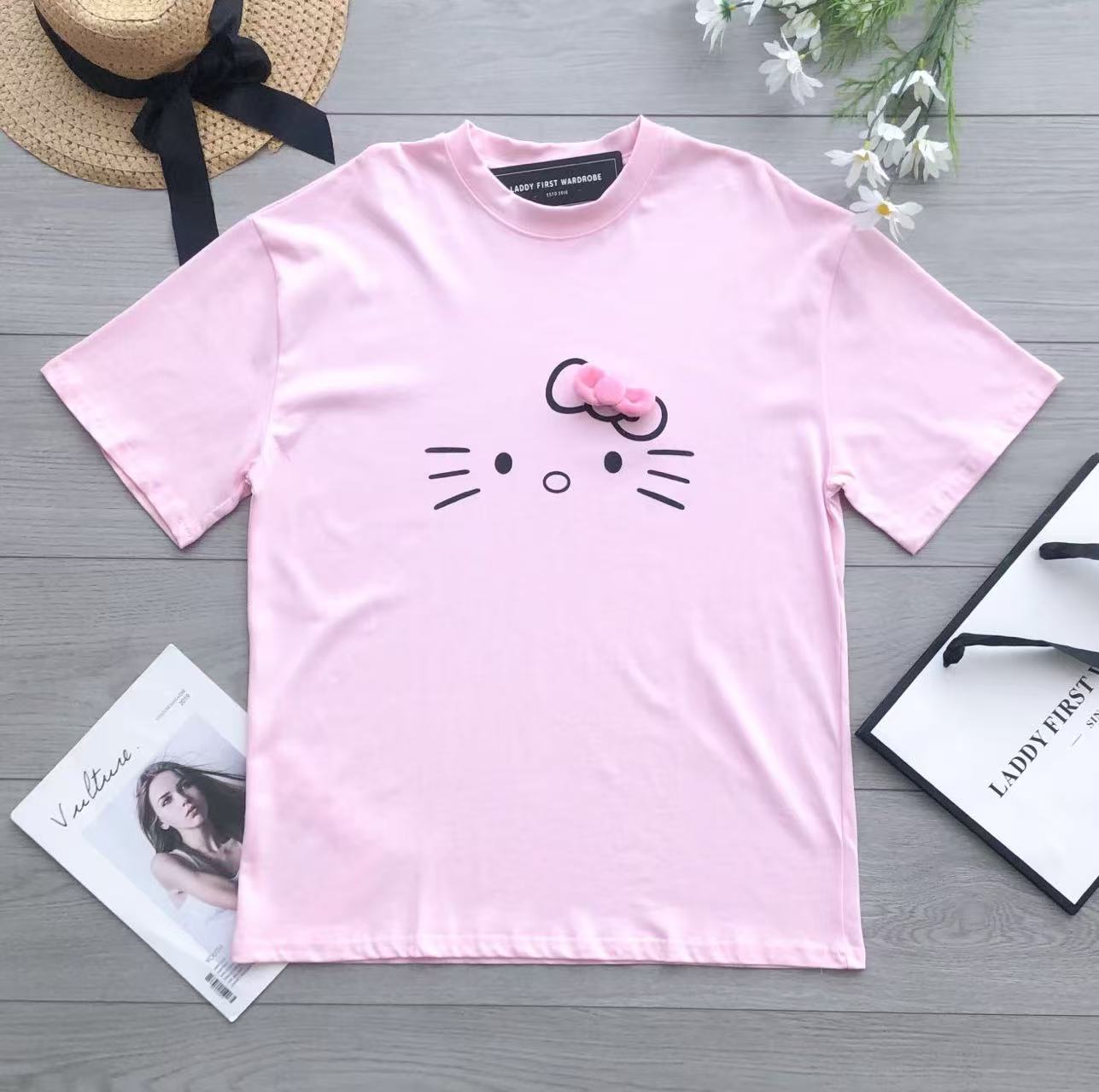【O1302】高品质圆领短袖纯棉凯蒂猫印花Oversized 休闲上衣❤❤
