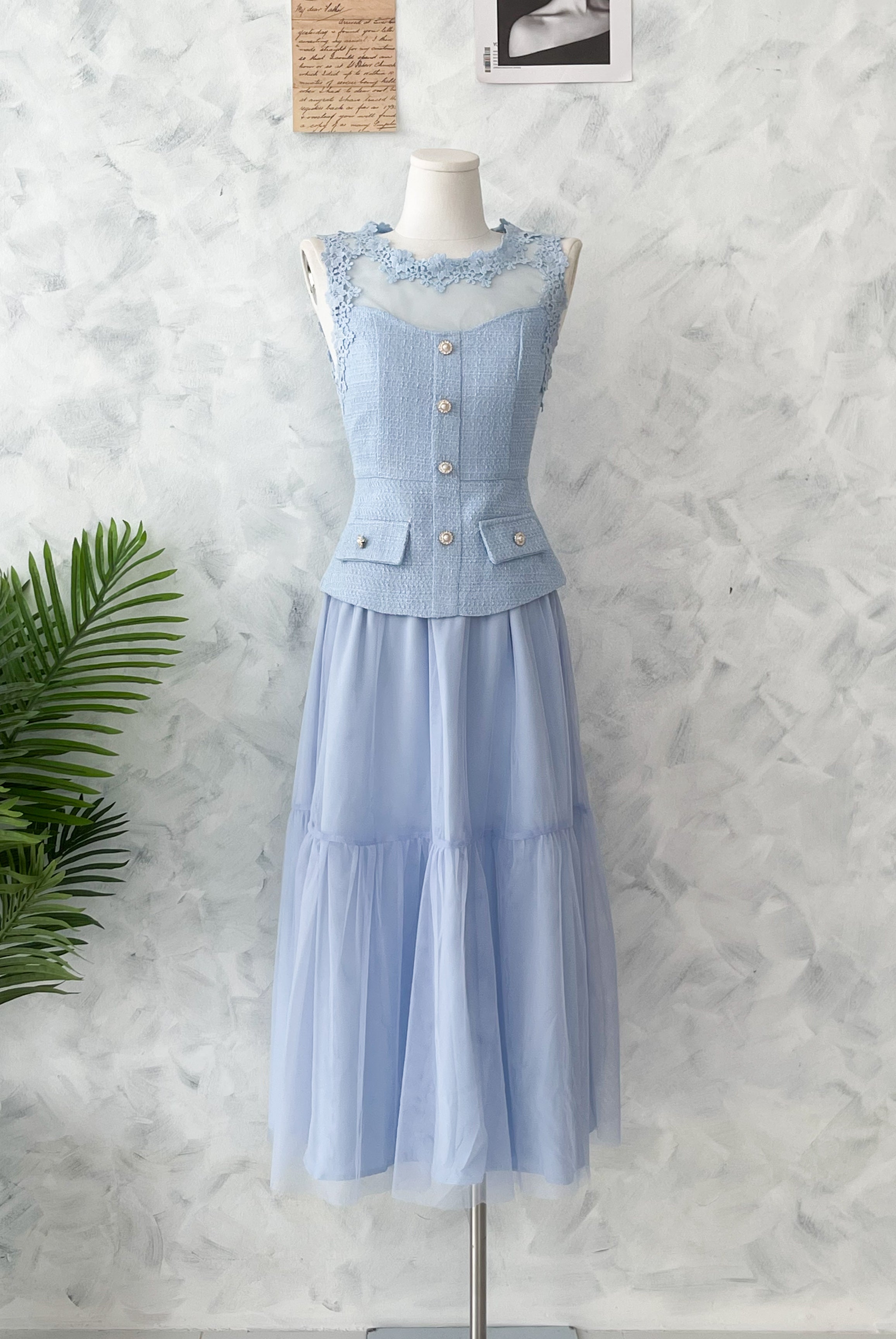 【SS6636】高品质两件式韩式轻奢风时尚套装 小香风上衣➕松紧腰弹力蛋糕网纱长裙 ❤️❤️