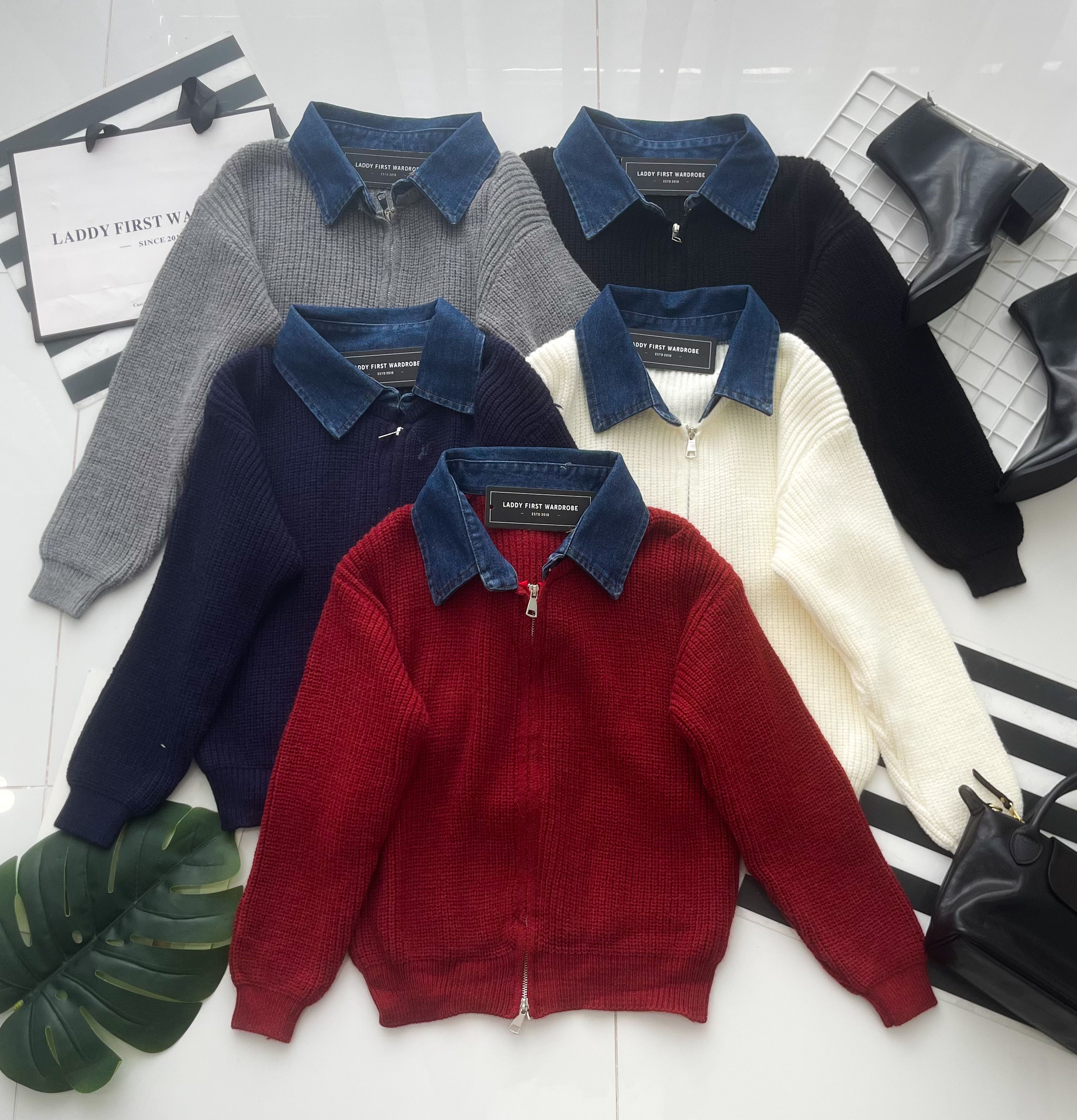 【T2878】高品质韩系厚实针织拼接牛仔翻领长袖百搭外套 ❤❤