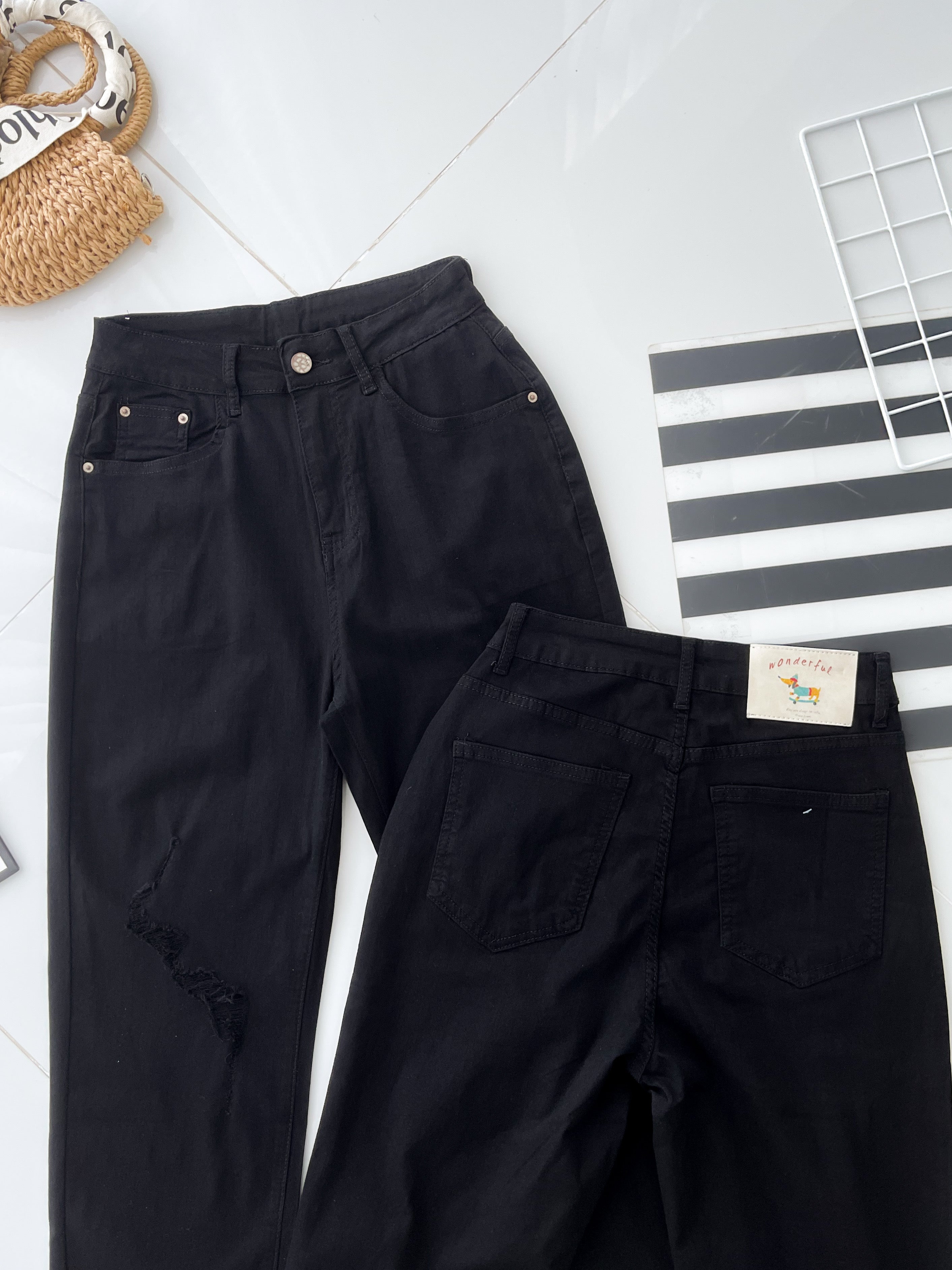【L11762】高品质COTTON JEANS牛仔弹力破洞九分长裤，有口袋 ❤️❤️