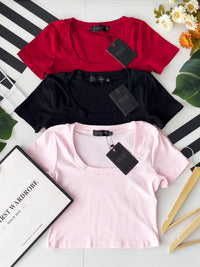 【T50156】独家爆款高品质大U领短袖纯棉弹力简约日常百搭款上衣 ❤❤ 【B-R1-C1】