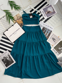 【SS32189】LFW独家爆款两件式仙气温柔风雪纺套装 自调无袖肩带抹胸上衣，后副伸缩弹力➕高腰显瘦大摆蛋糕长裙，内层有里布 ❤️❤️ 【B-R1-C3】