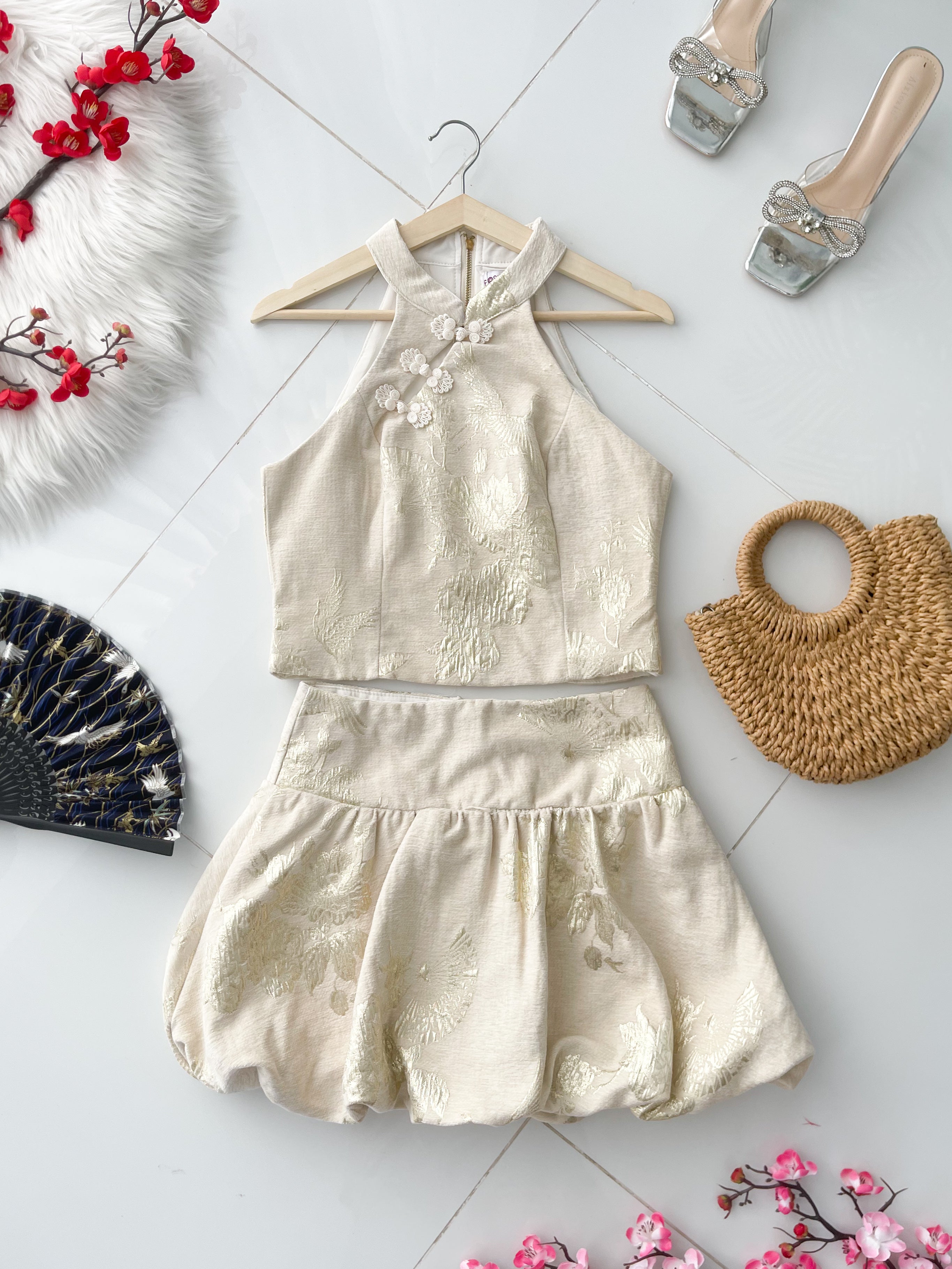 【SS21773 / 37629】高品质两件式高档气质CUT IN新中式提花旗袍套装 CUT IN提花旗袍上衣➕花苞高腰裙子，内层有里布短裤 ❤️❤️【A-R1-C2】