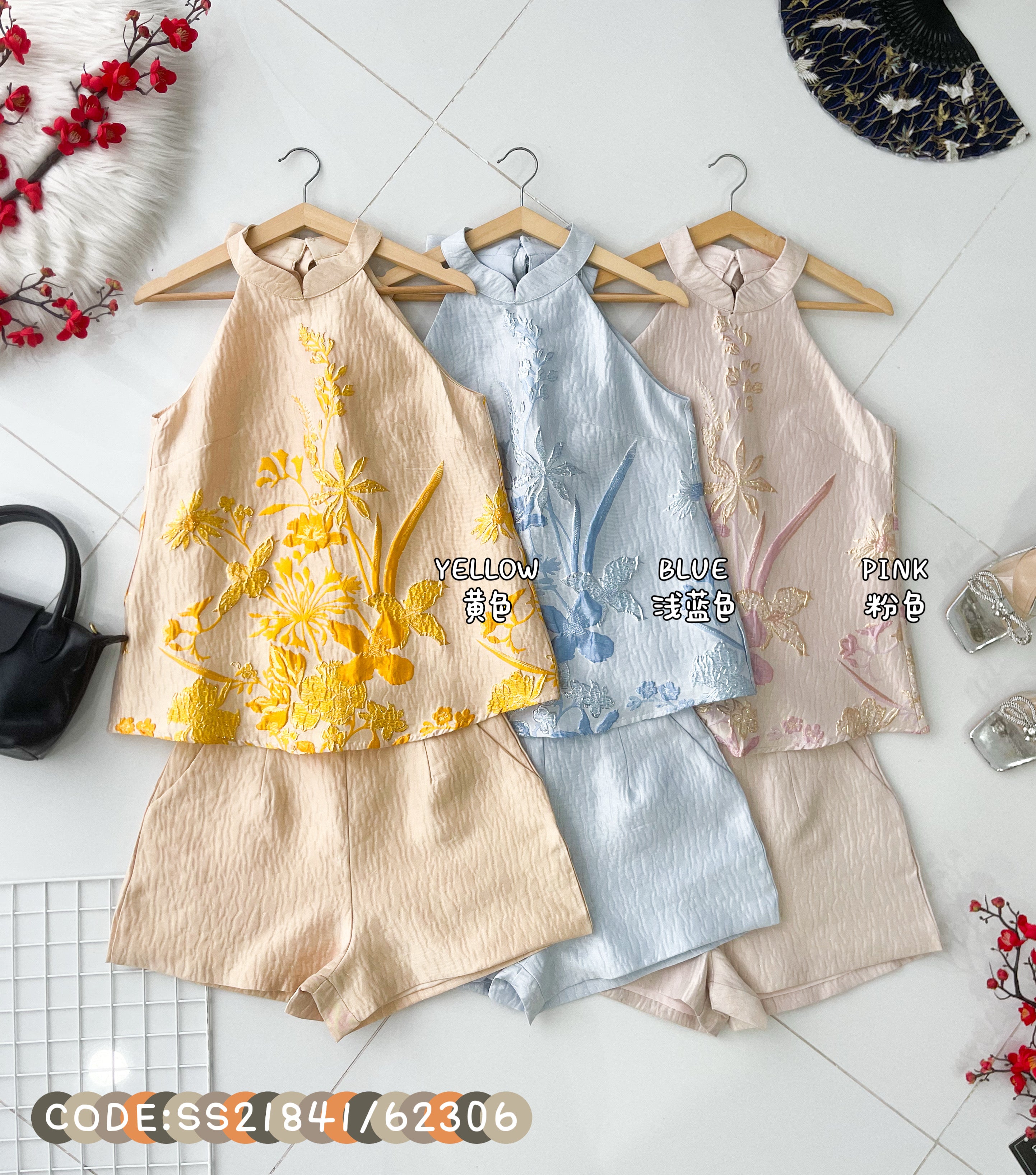 【SS21841 / 62306】高品质两件式高端大气名媛风提花旗袍套装 浮雕提花上衣➕高腰短裤，有口袋 ❤️❤️