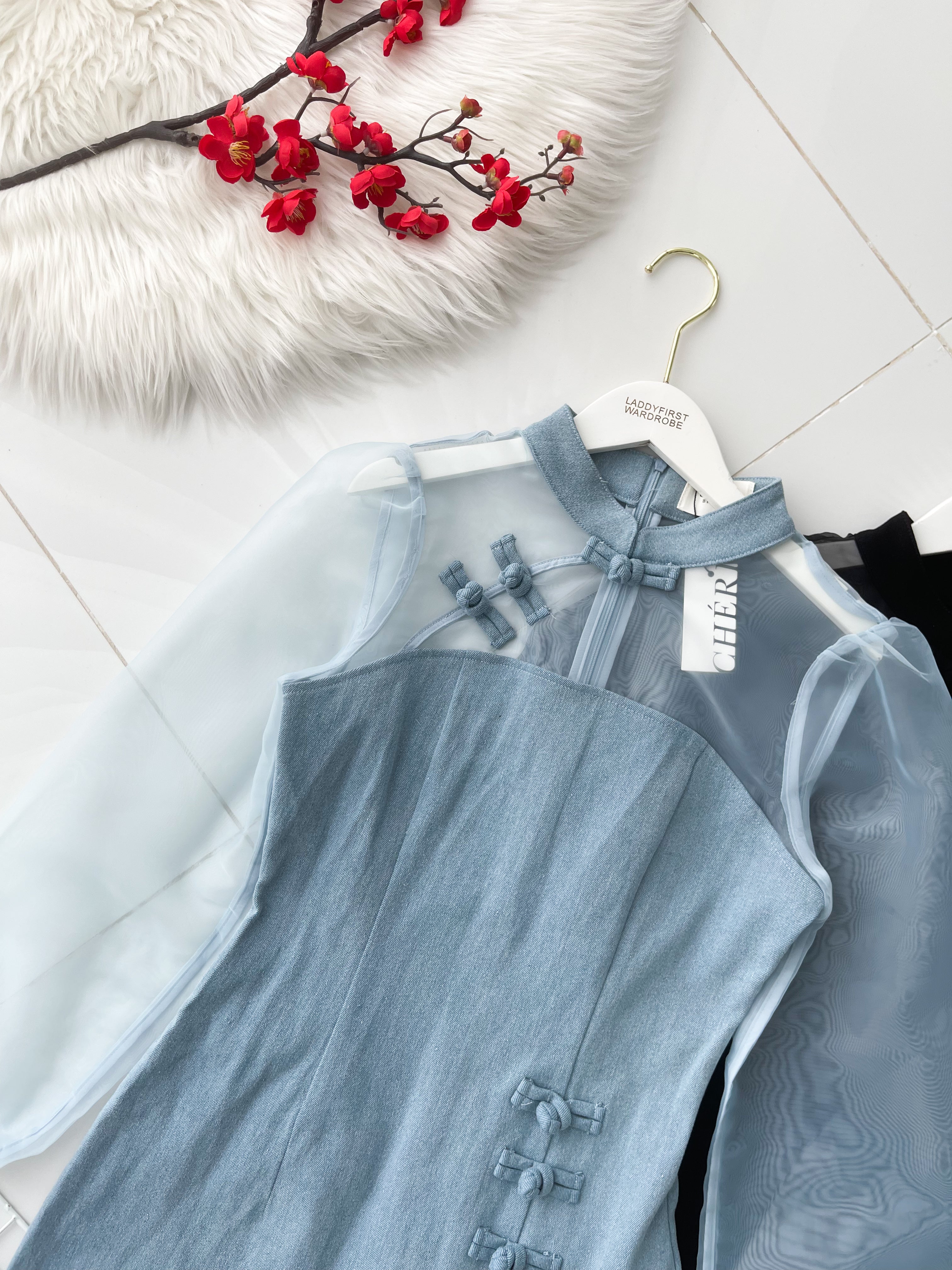 【D2640】高品质优雅气质透视网纱拼接牛仔旗袍连身裙子 ❤❤【B-R2-C4】