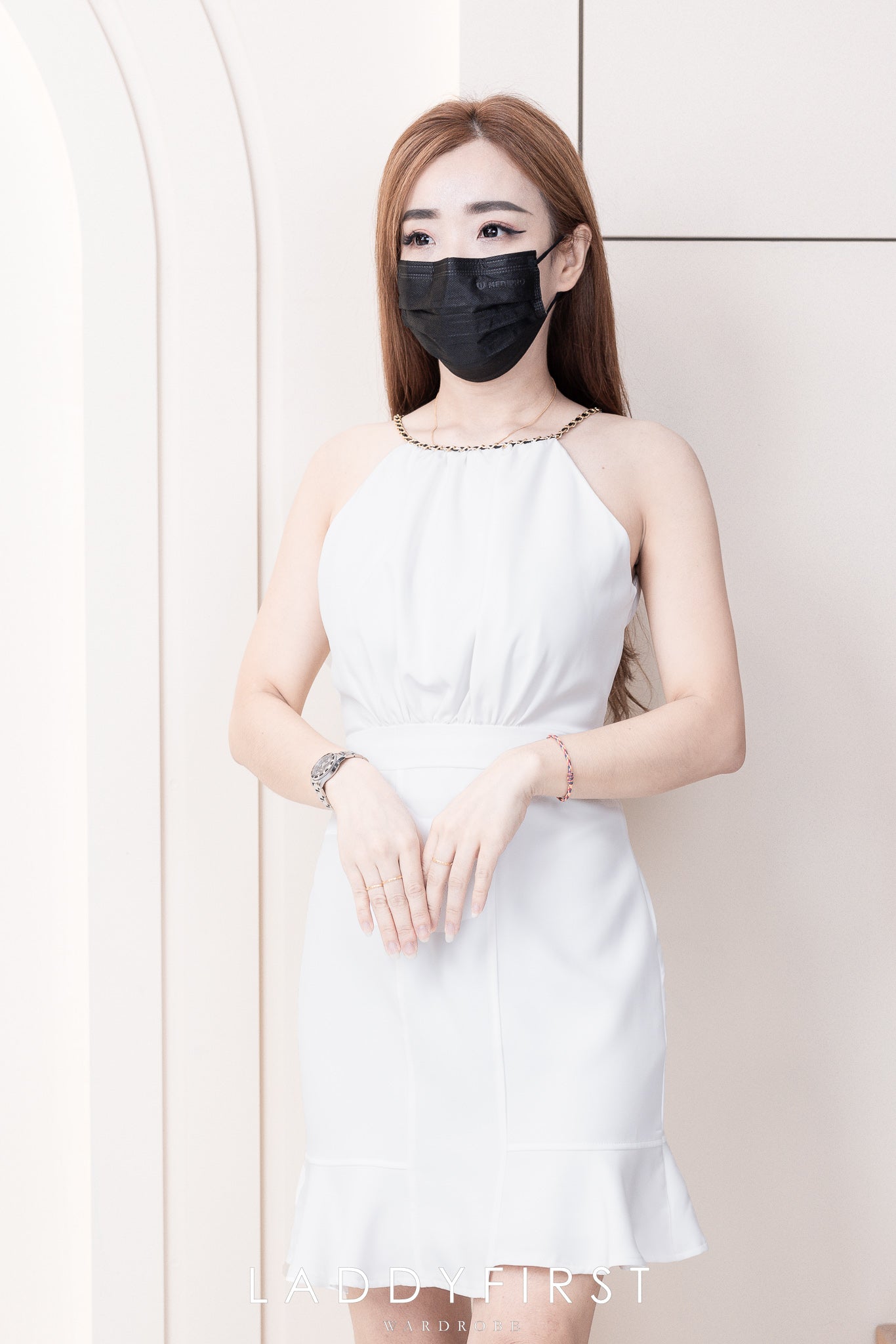【D22620】百搭挂脖金属链条无袖荷叶摆西装连身裙子 ❤️❤️