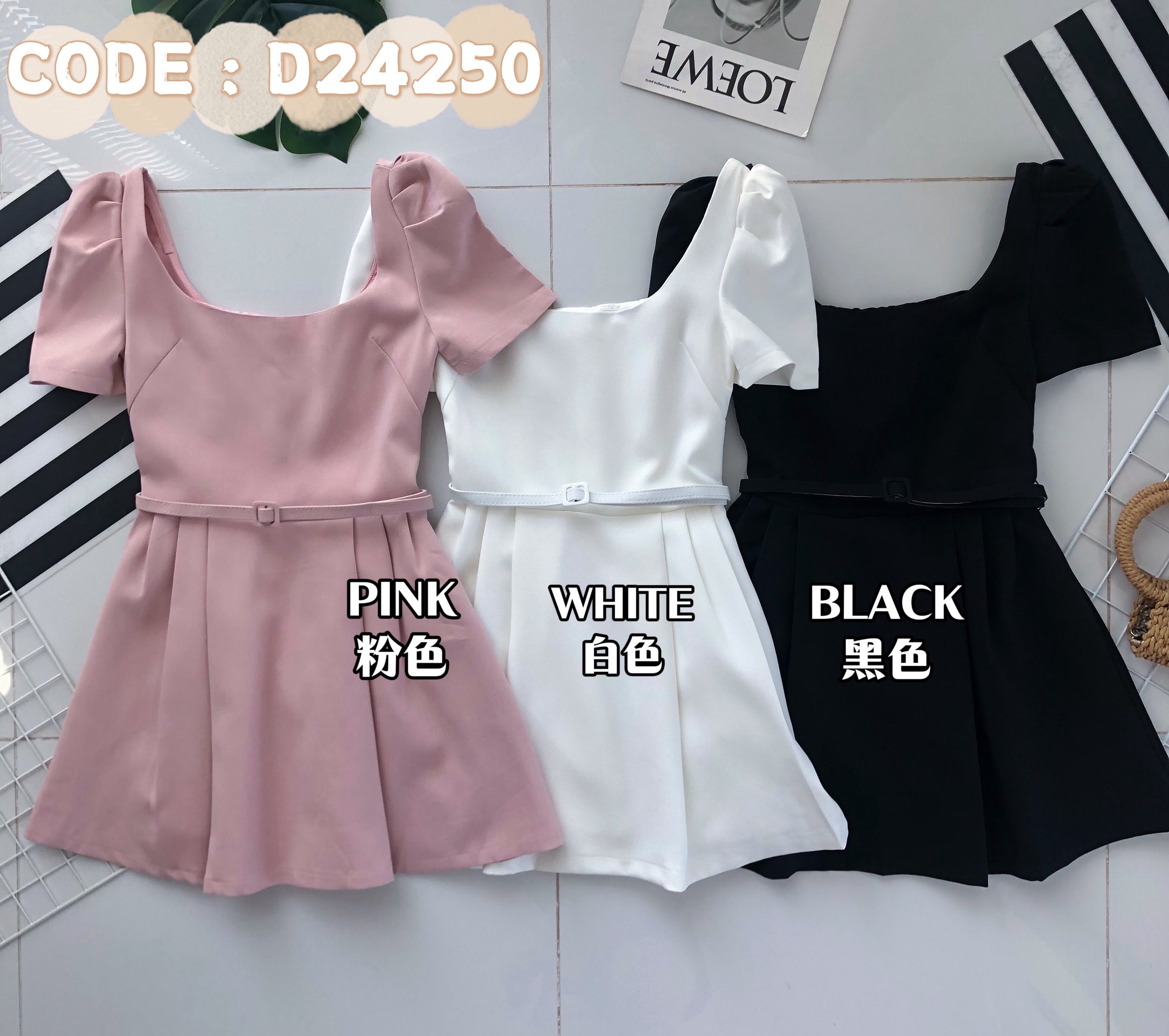 【D24250】独家爆款高品质方领泡泡袖甜美西装娃娃裙子，搭配系带腰带，有口袋 ❤️❤️