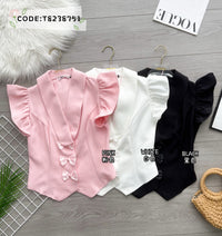 【T8238751】高品质V翻领荷叶袖甜美蝴蝶结设计时装上衣 ❤❤ 【B-R1-C6】