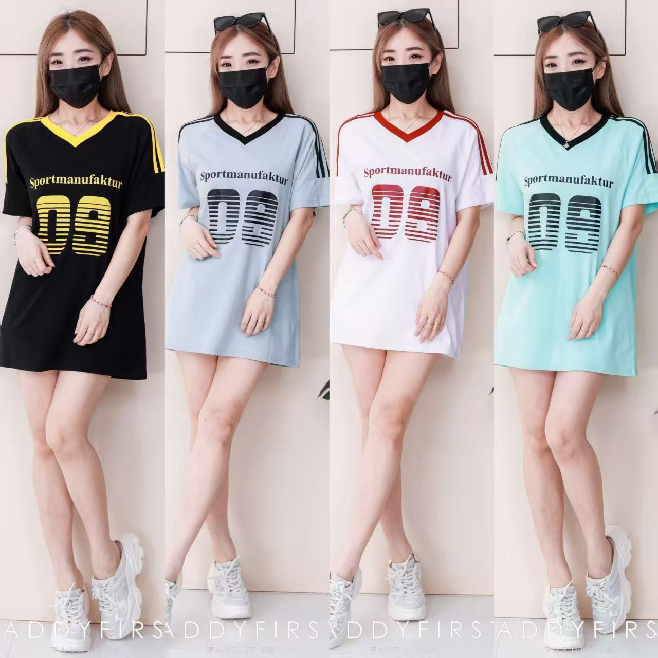 【T14260 / 9062】高品质V领09字母拉线设计纯棉OVERSIZED 上衣 ❤❤ 【B-R2-C4】