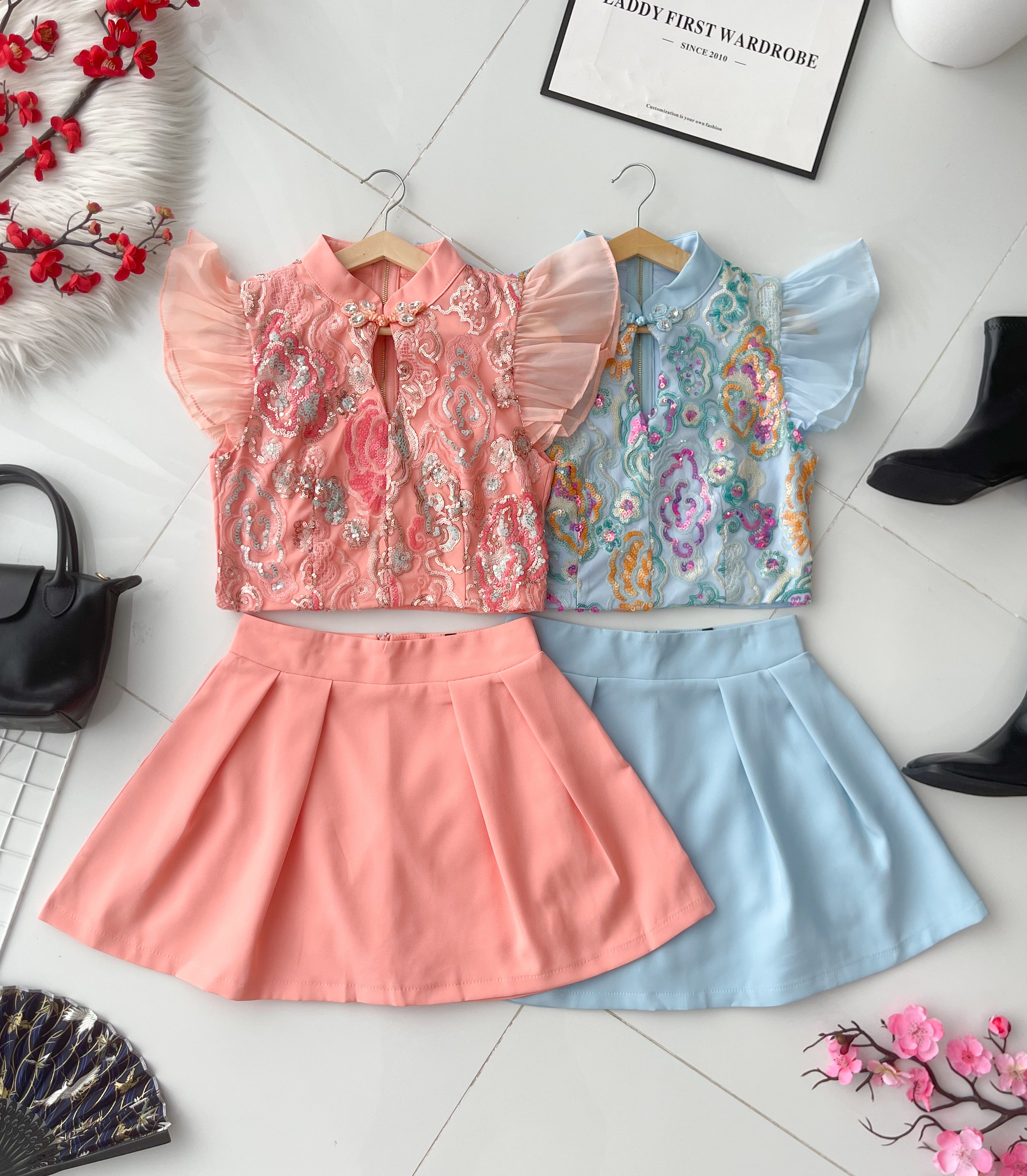 【SS8238811】高品质两件式重工新中式气质旗袍套装 锦棉拼接亮片旗袍上衣➕西装高腰百搭裙子，内层有里布短裤 ❤️❤️【A-R1-C5】