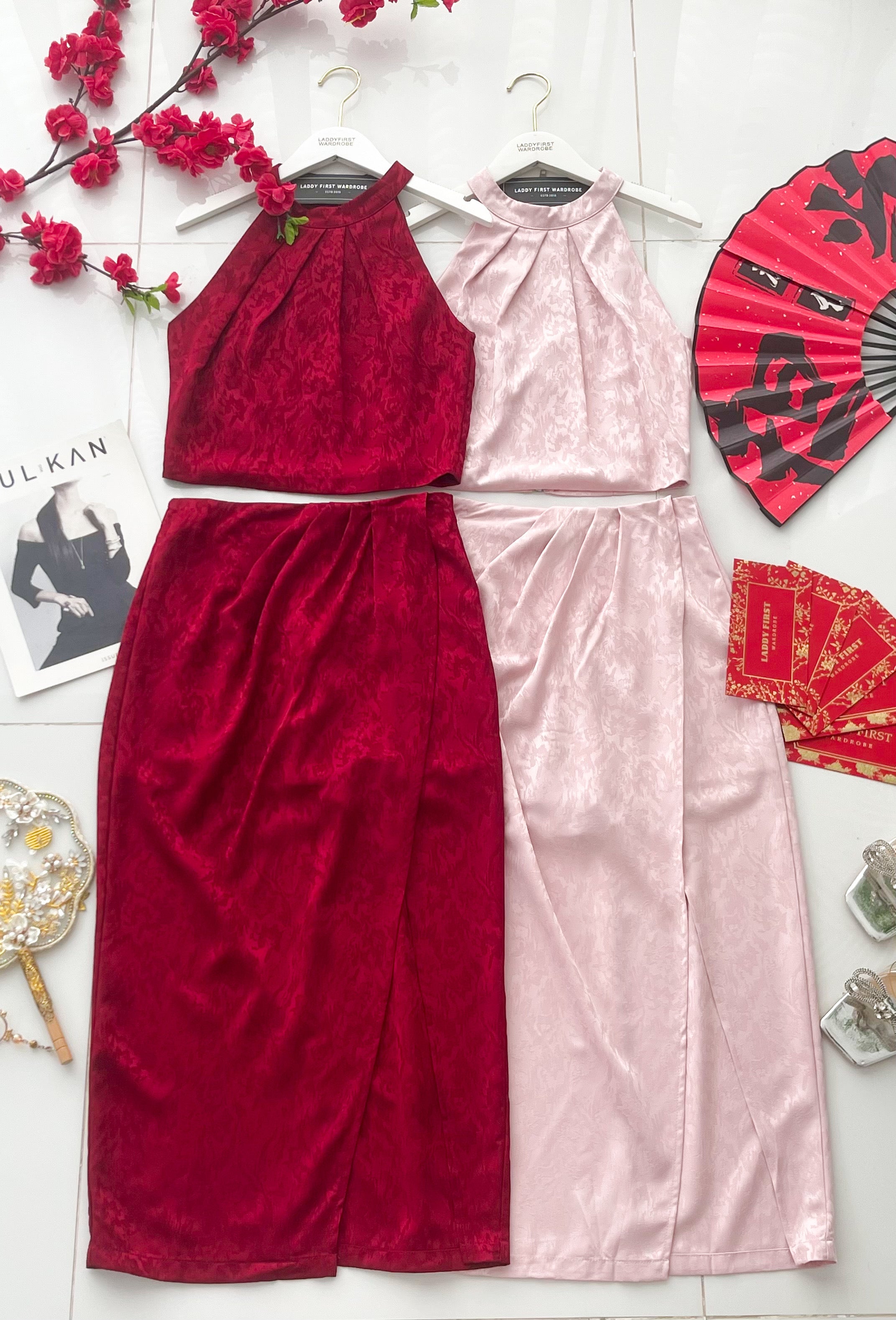 【SS16960】高品质两件式高级感新中式缎面旗袍套装 CUT IN无袖旗袍上衣➕开叉边设计高腰裙子 ❤️❤️8