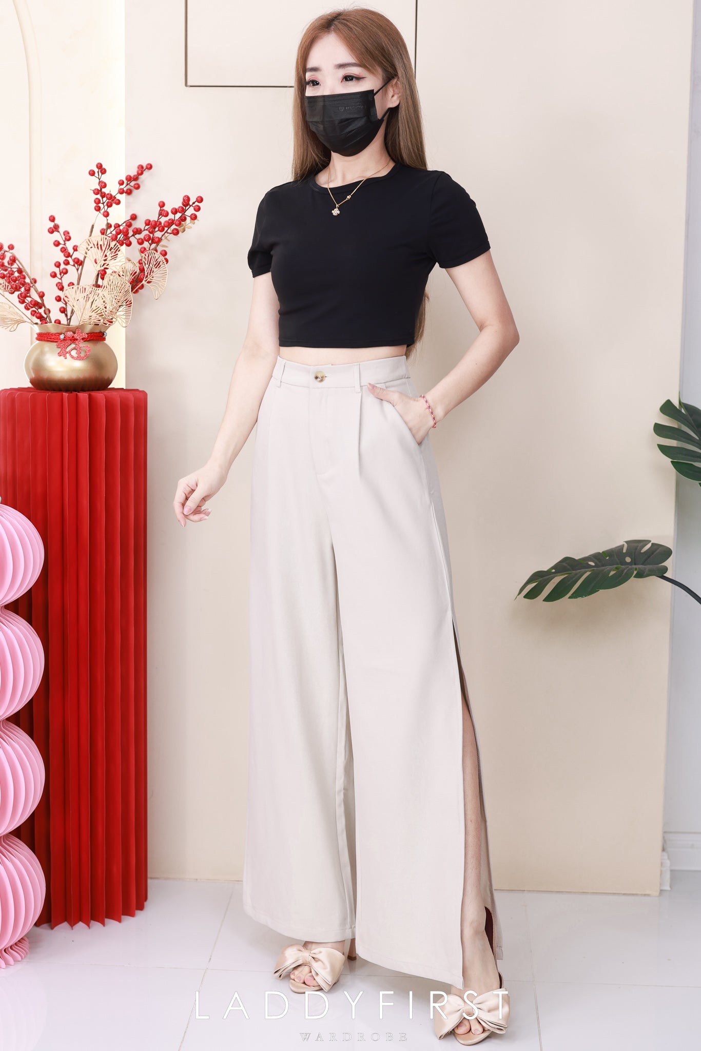 【L6218 / 16996】高品质复古西装两侧开叉设计阔脚高腰百搭长裤，有口袋 ❤️❤️