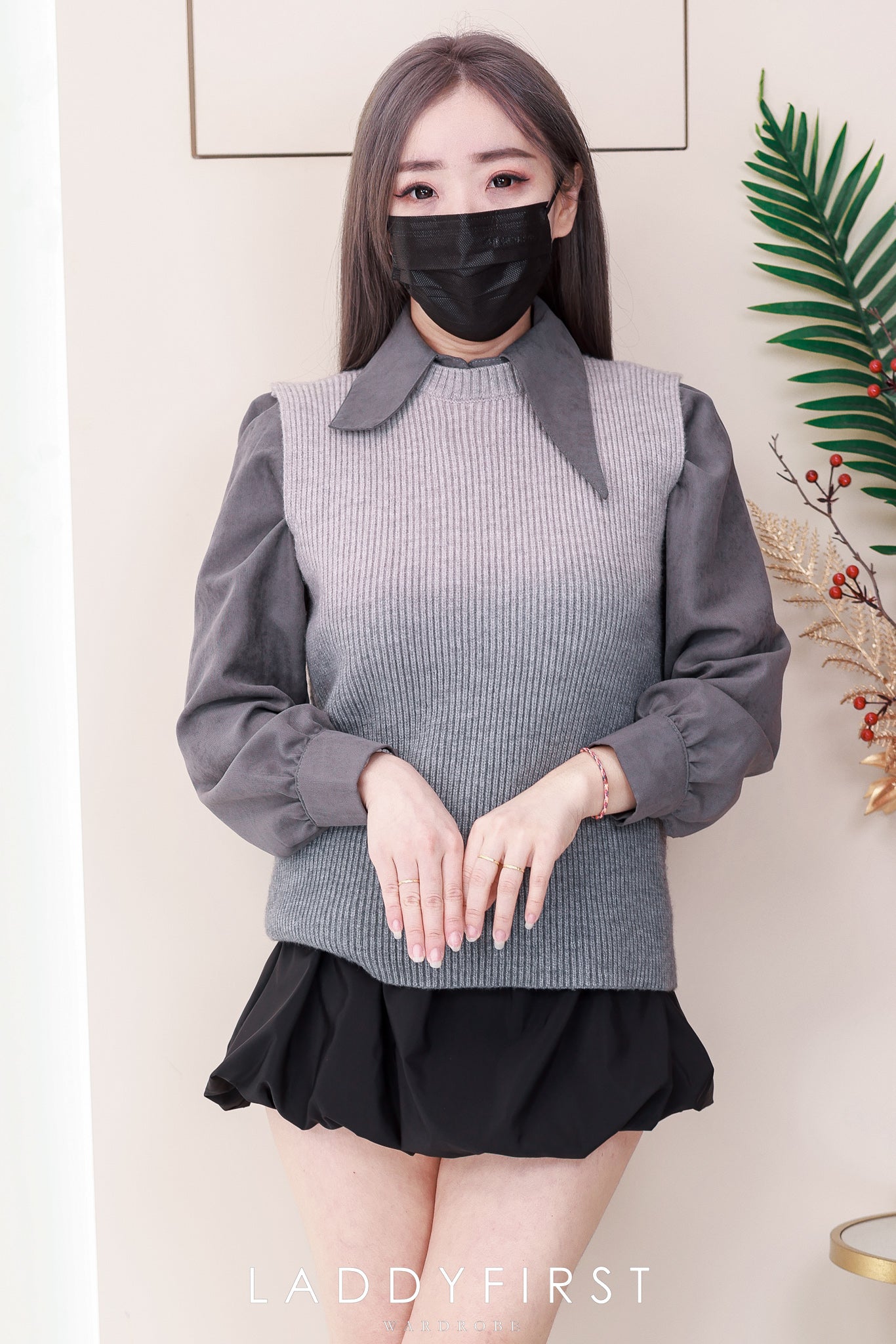 【T213】高品质假两件式韩版上衣  双色无袖针织上衣➕翻领长袖宽松长袖上衣 ❤❤