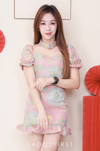 【SS3386-2】【LFW独家小圆饼】高品质两件式提花旗袍套装 泡泡袖提花拼接网纱旗袍上衣➕荷叶摆提花高腰裙子，内层有里布短裤 ❤️❤️