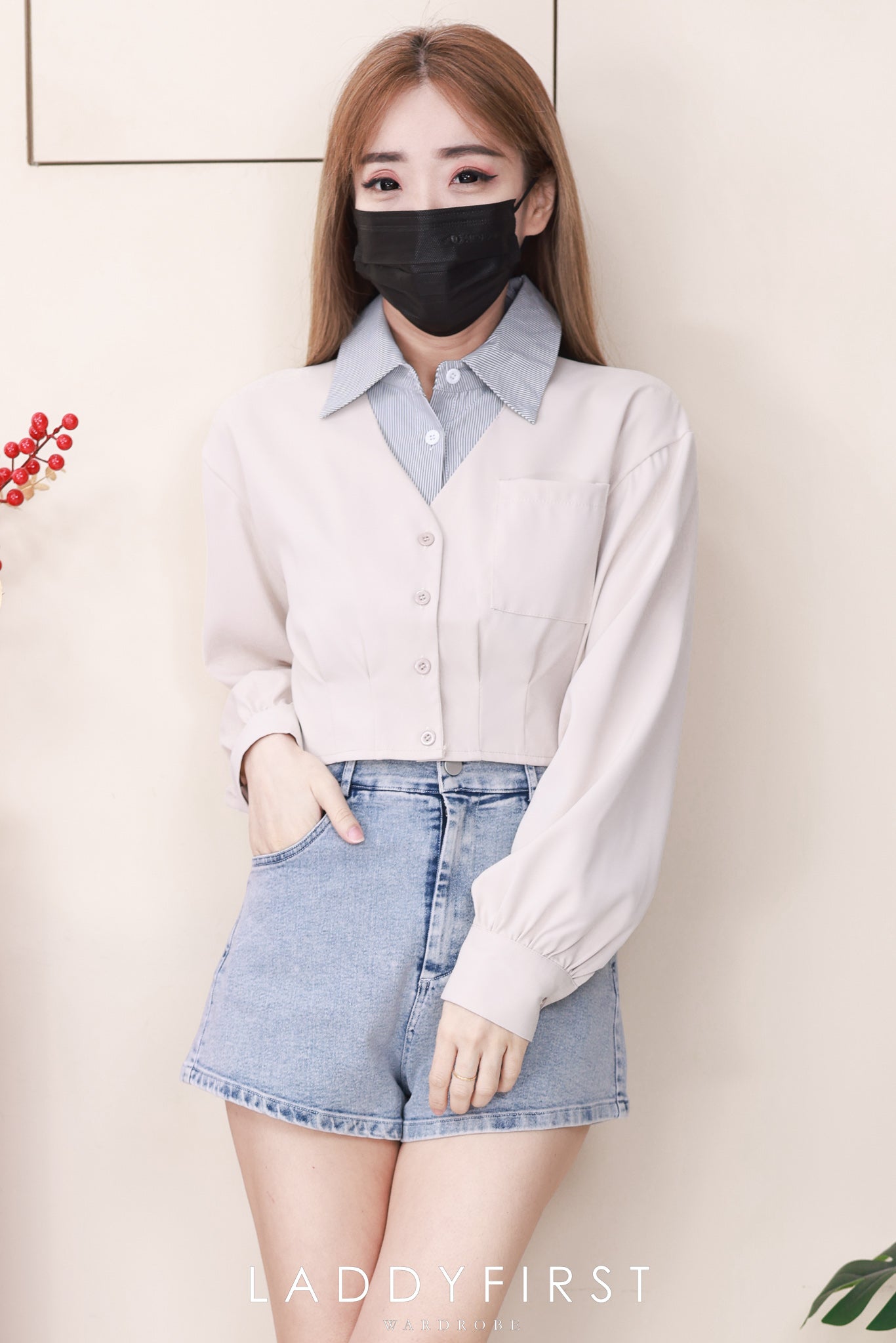 【T98793】高品质假两件线条翻领拼接西装长袖上衣 ❤❤