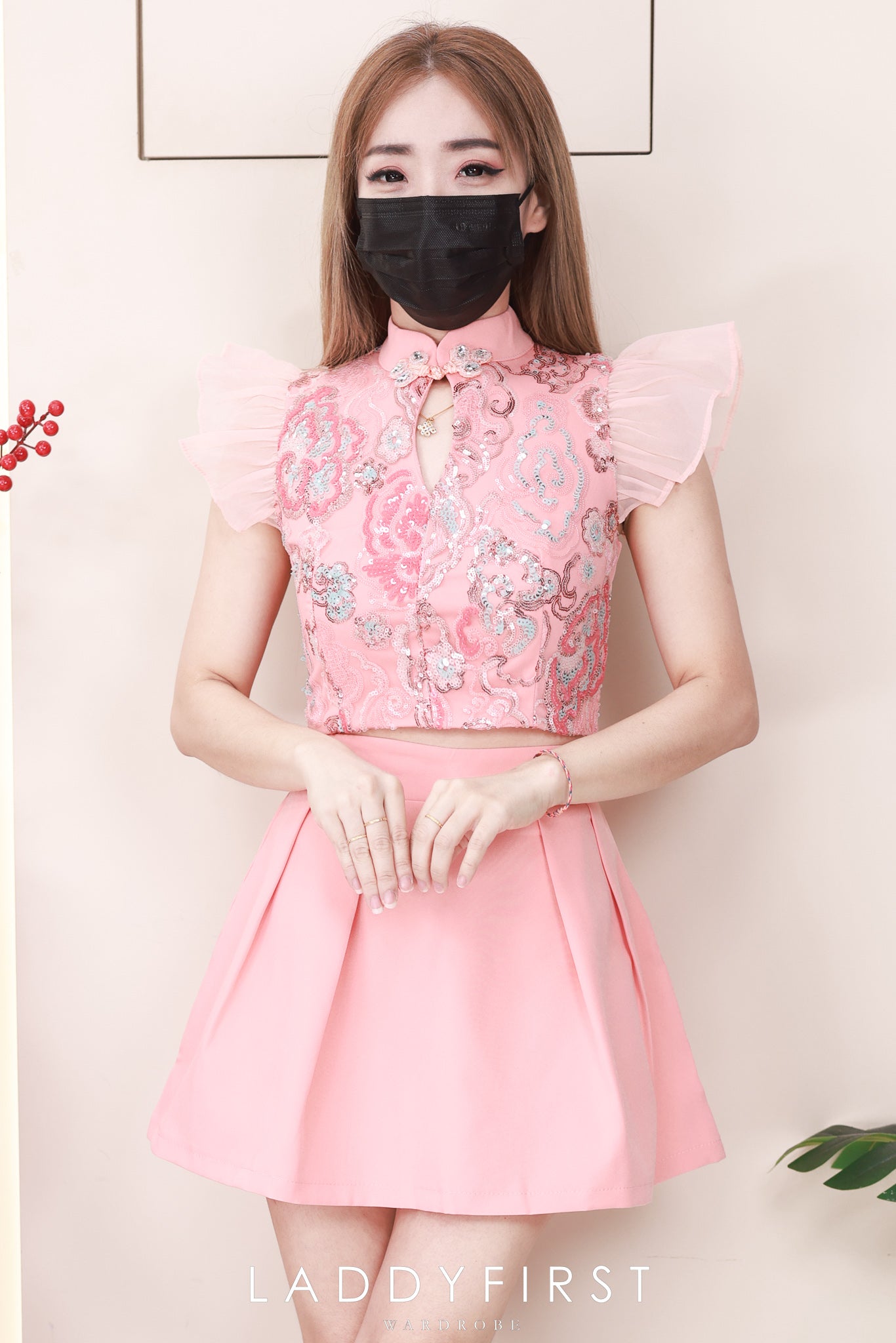 【SS8238811】高品质两件式重工新中式气质旗袍套装 锦棉拼接亮片旗袍上衣➕西装高腰百搭裙子，内层有里布短裤 ❤️❤️【A-R1-C5】