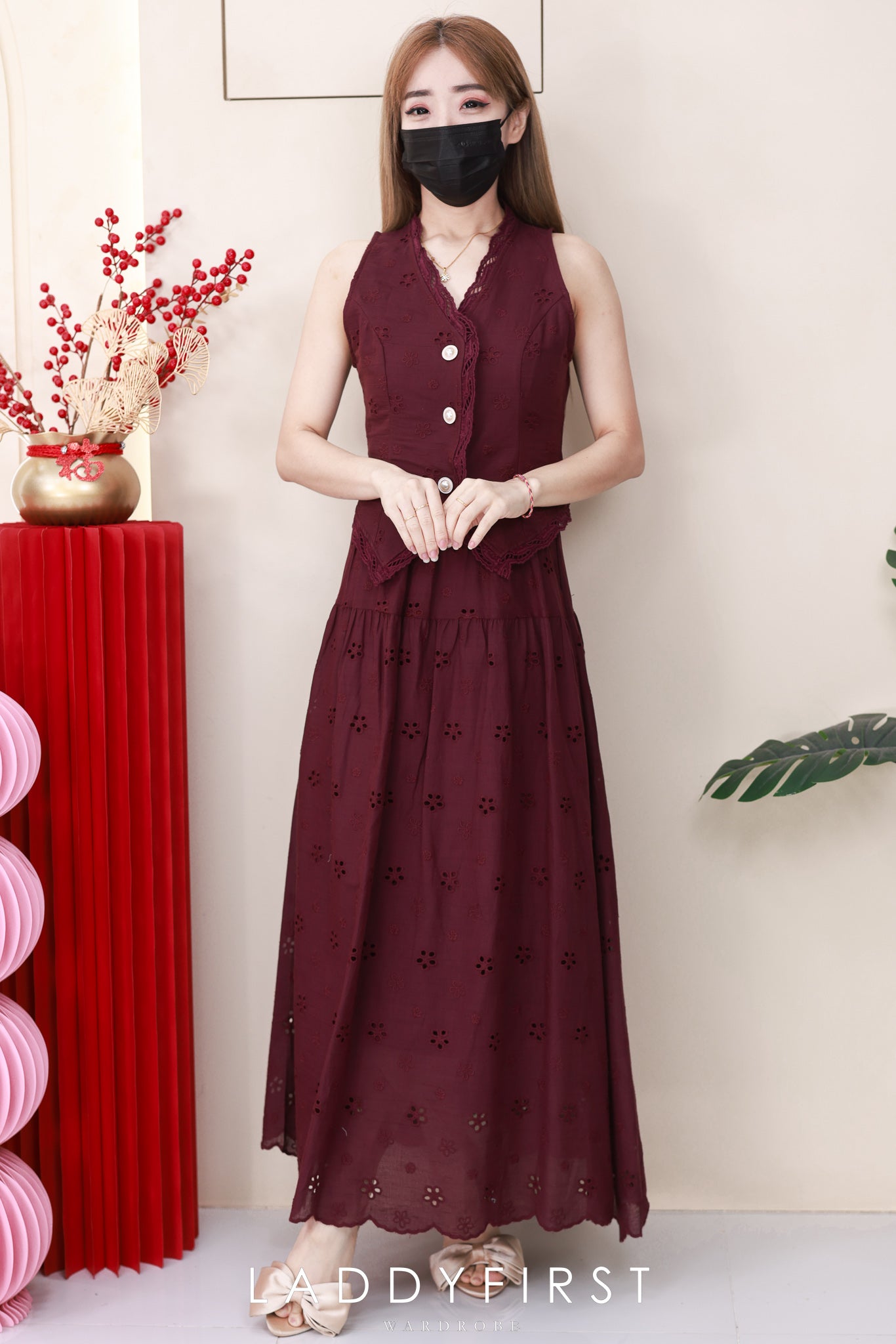 【SS2576】高品质两件式仙气温柔风桐花套装 V领无袖桐花上衣➕仙气感桐花高腰长裙 ❤️❤️