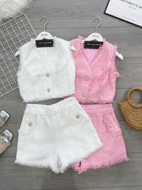 【SS21677 / 37419】高品质两件式精致马甲式小香风套装 马甲式小香风上衣➕小香风高腰百搭短裤，有口袋 ❤️❤️ 【D-R1-C4】