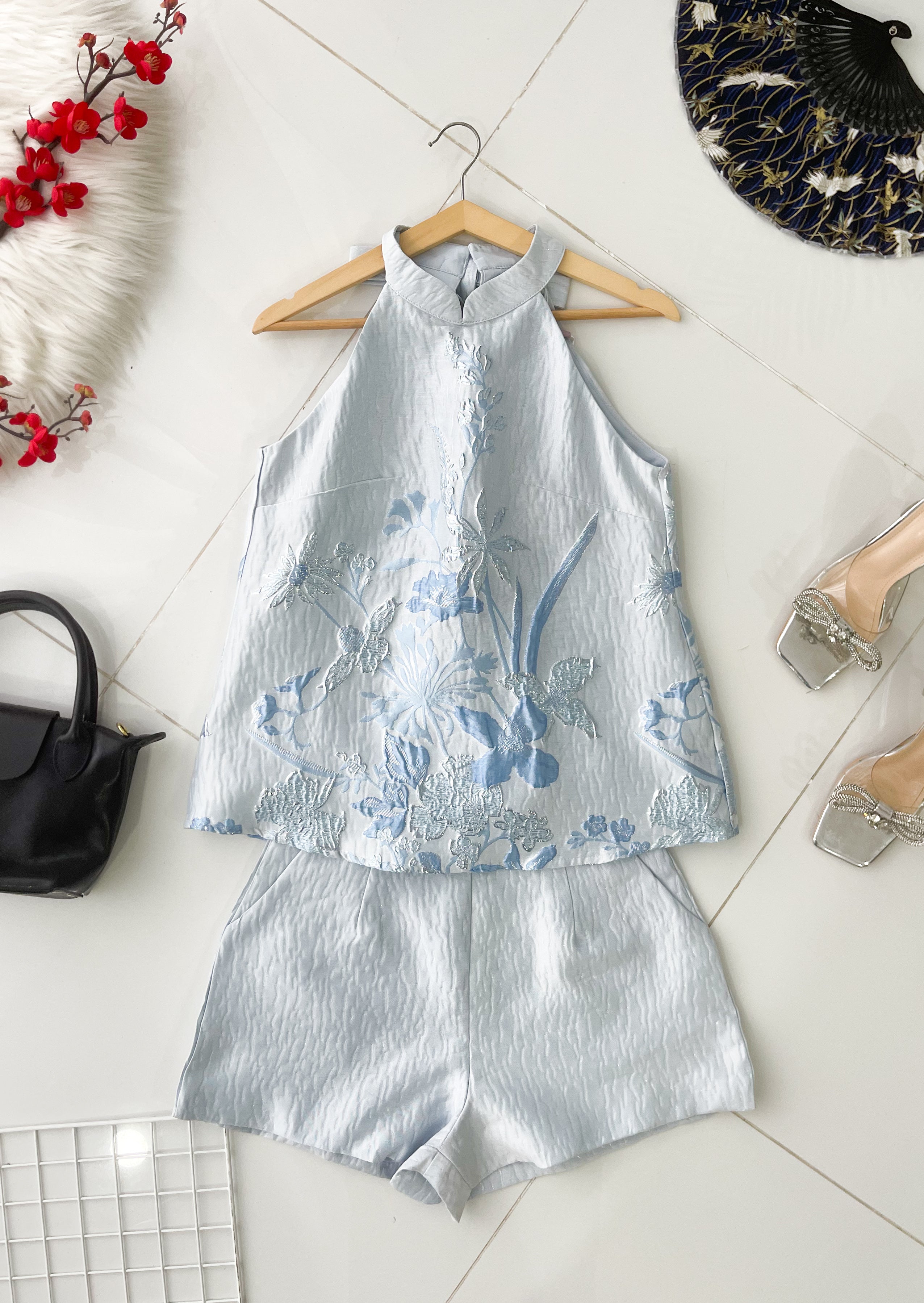 【SS21841 / 62306】高品质两件式高端大气名媛风提花旗袍套装 浮雕提花上衣➕高腰短裤，有口袋 ❤️❤️