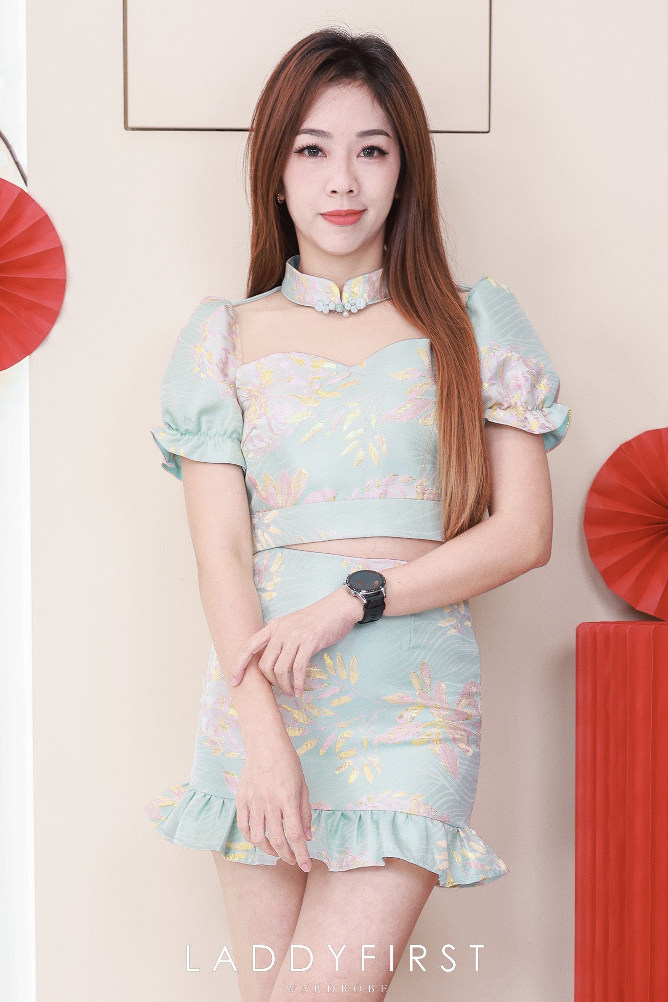 【SS3386-2】【LFW独家小圆饼】高品质两件式提花旗袍套装 泡泡袖提花拼接网纱旗袍上衣➕荷叶摆提花高腰裙子，内层有里布短裤 ❤️❤️